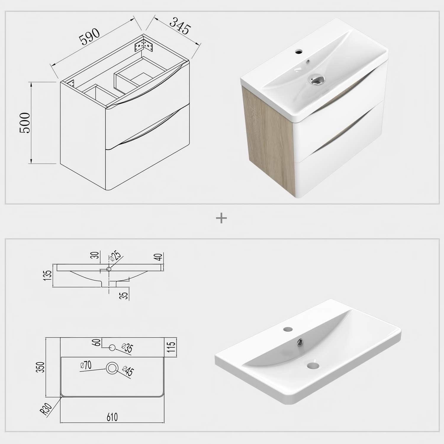 600mm Oak White Wall Hung Bathroom Vanity Unit with Basin 2 Drawer Sink Cabinet