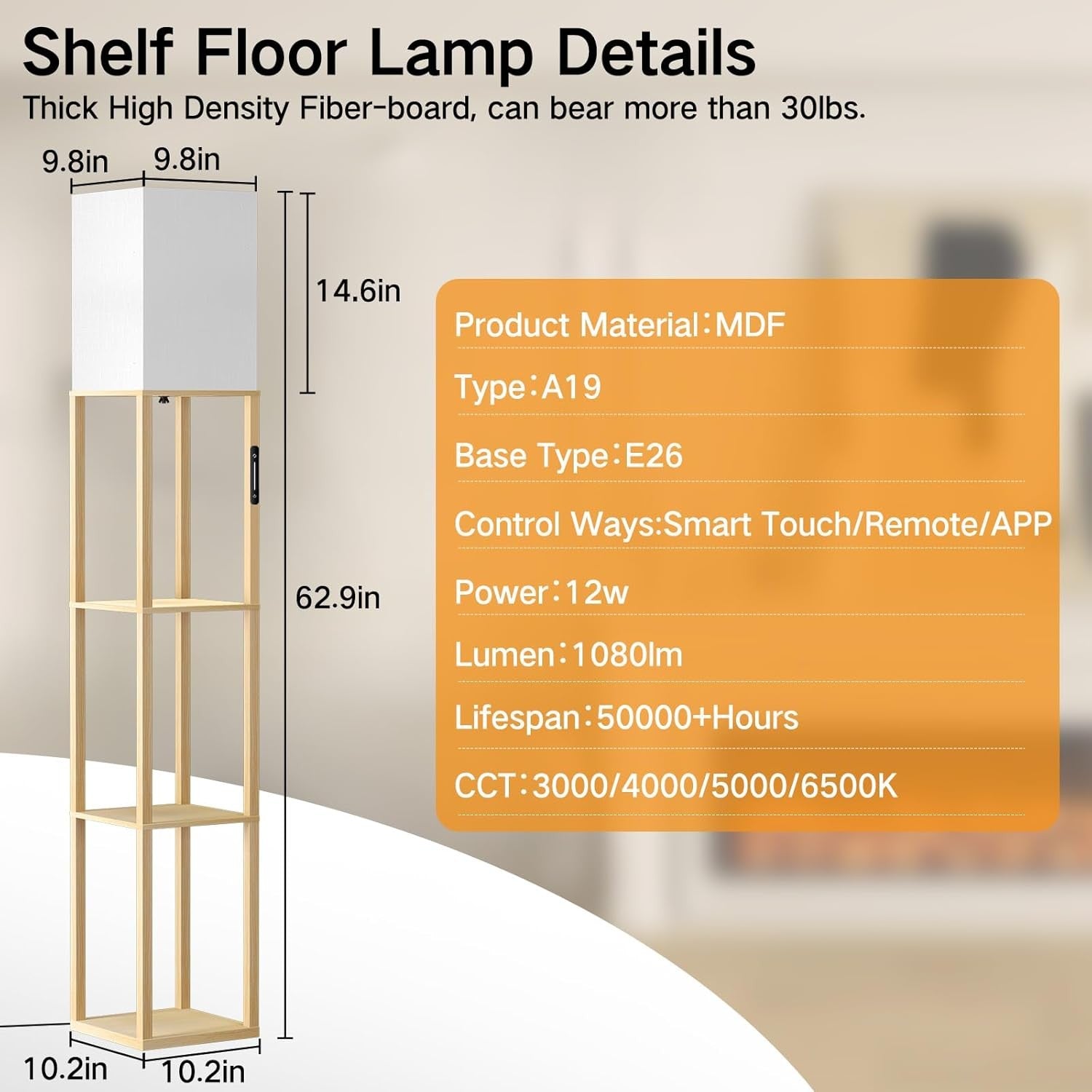 Floor Lamp with Shelves Dimmable Touch Remote LED Standing Light Wood