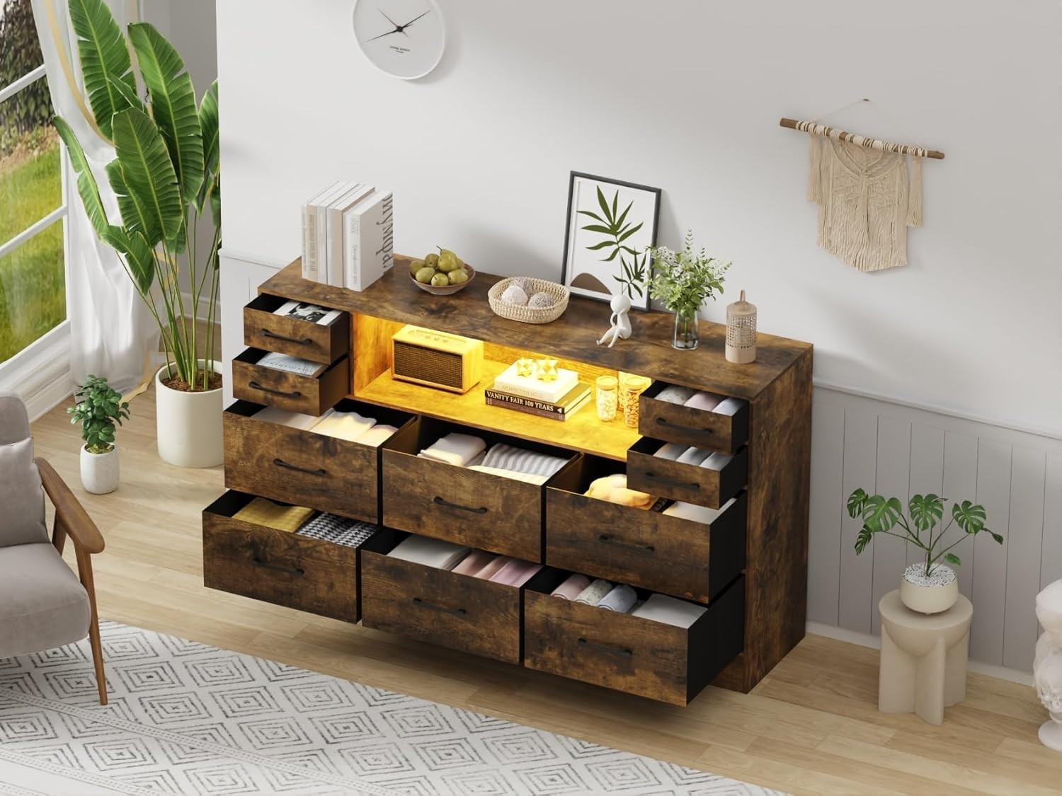 Rustic 10 Drawer LED Storage Cabinet with Wood Top for Bedroom 120x72cm