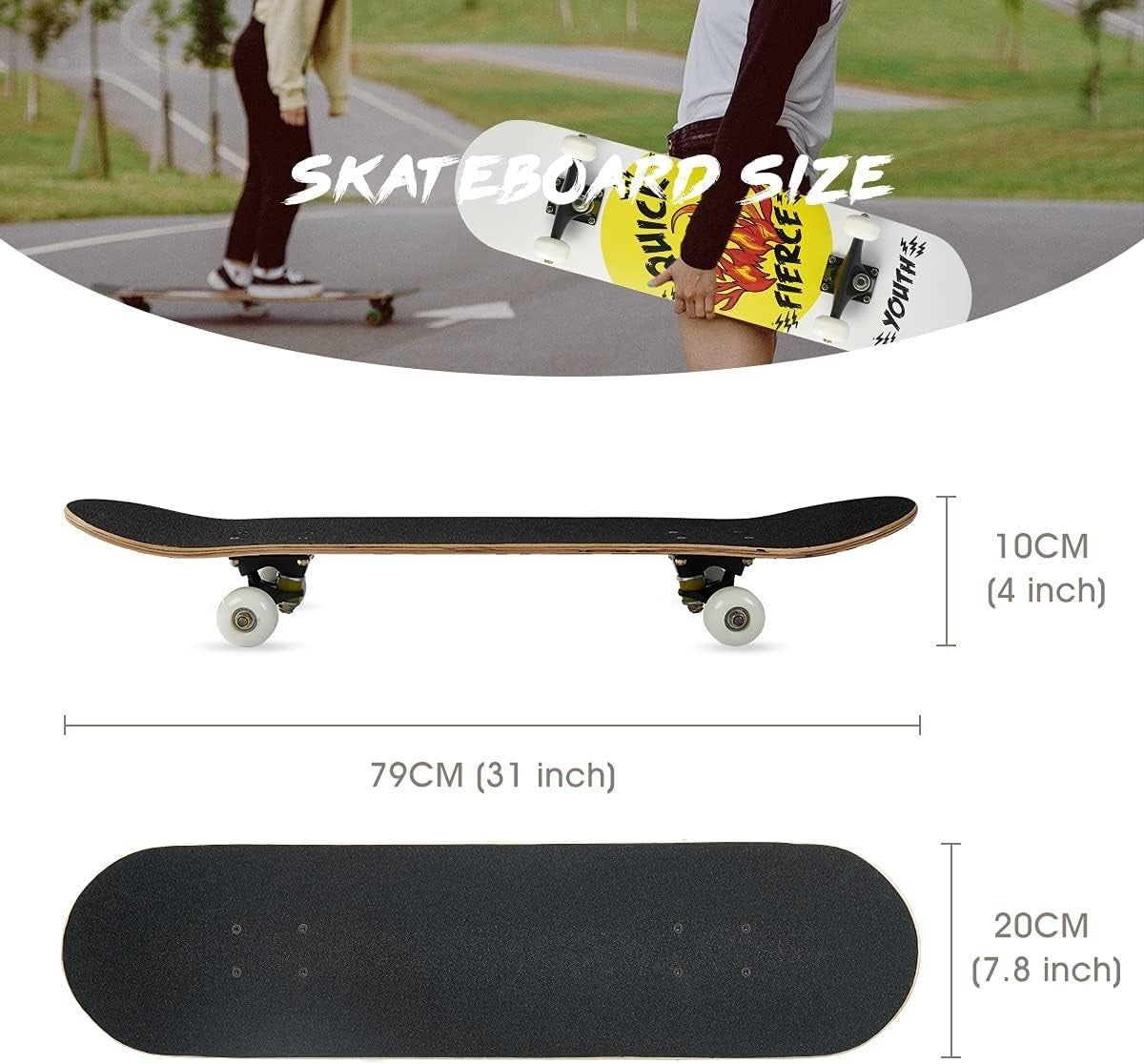 31" Maple Wood Skateboard Cruiser Double Kick Deck for Kids & Teens