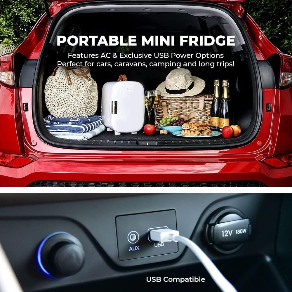 4L Mini Fridge USB & AC Powered White Portable Cooler Small