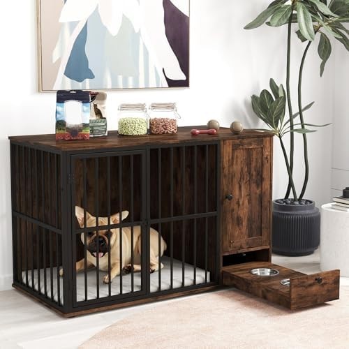 Heavy Duty Dog Crate Furniture with Hidden Bowls & Storage Cabinet