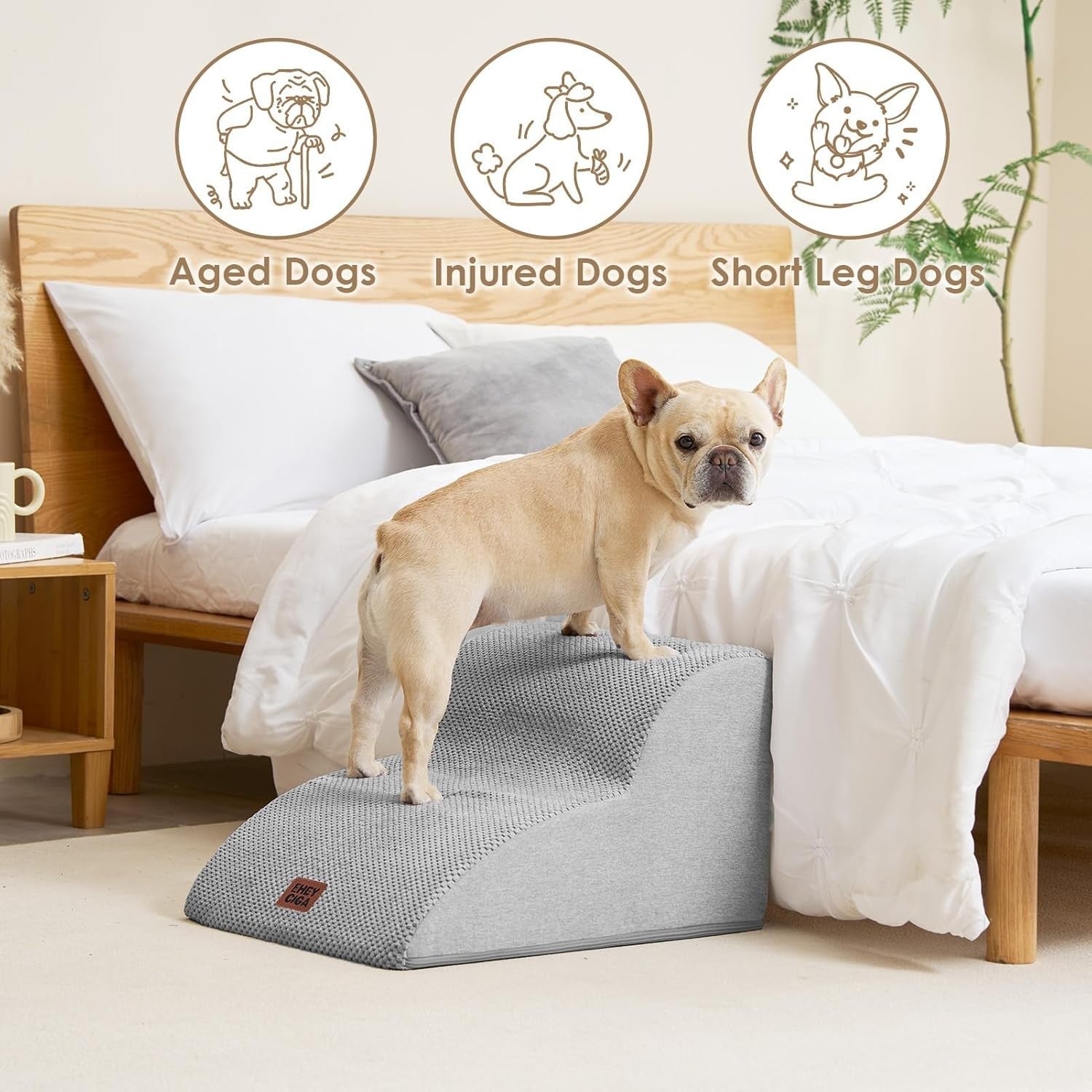 2 Step Dog Stairs for Sofa Non Slip Foam Pet Steps Washable Light Grey