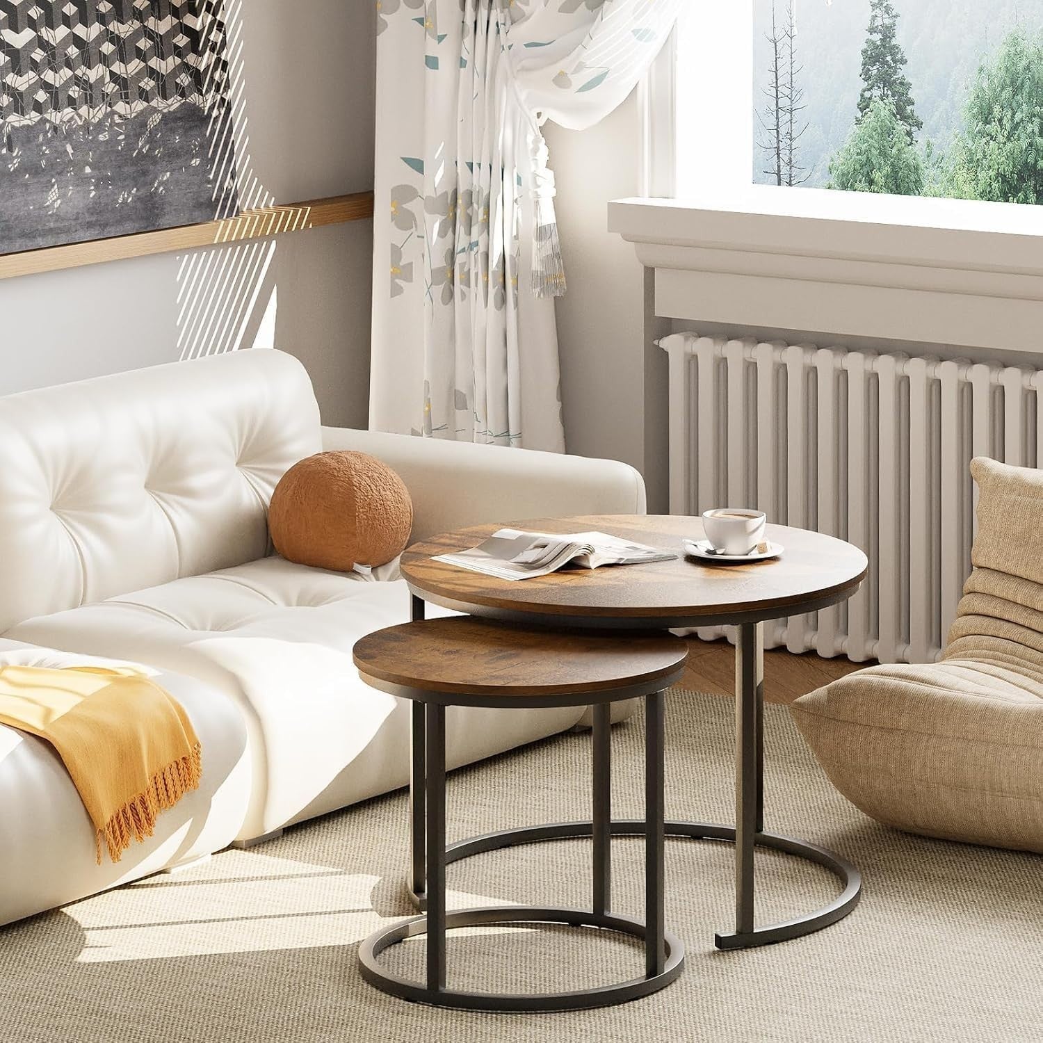 2-Piece Nesting Round Coffee Table Set with Brown Wood Top & Black Metal Frame