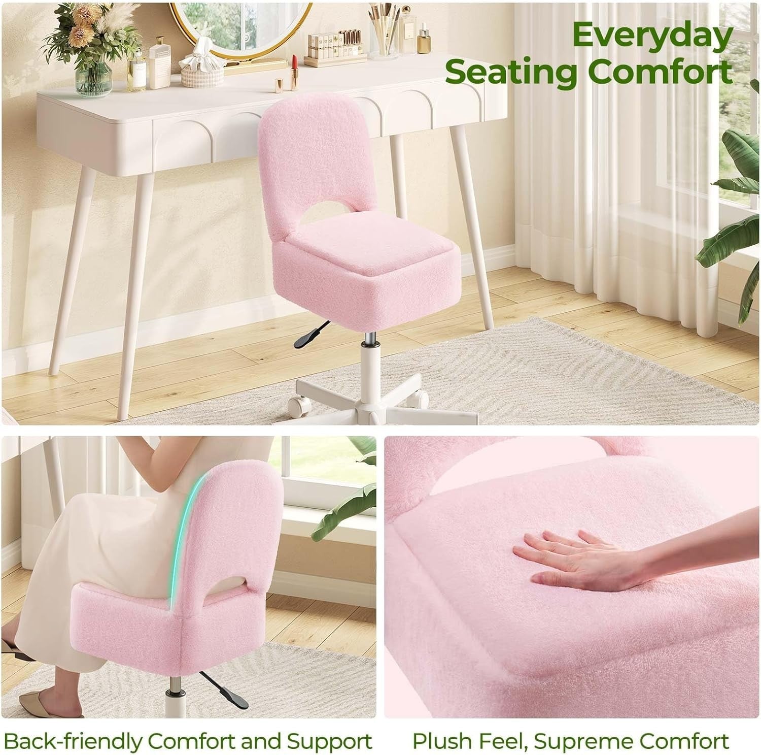 Pink Furry Vanity Chair with Storage Swivel Adjustable Height & Wheels