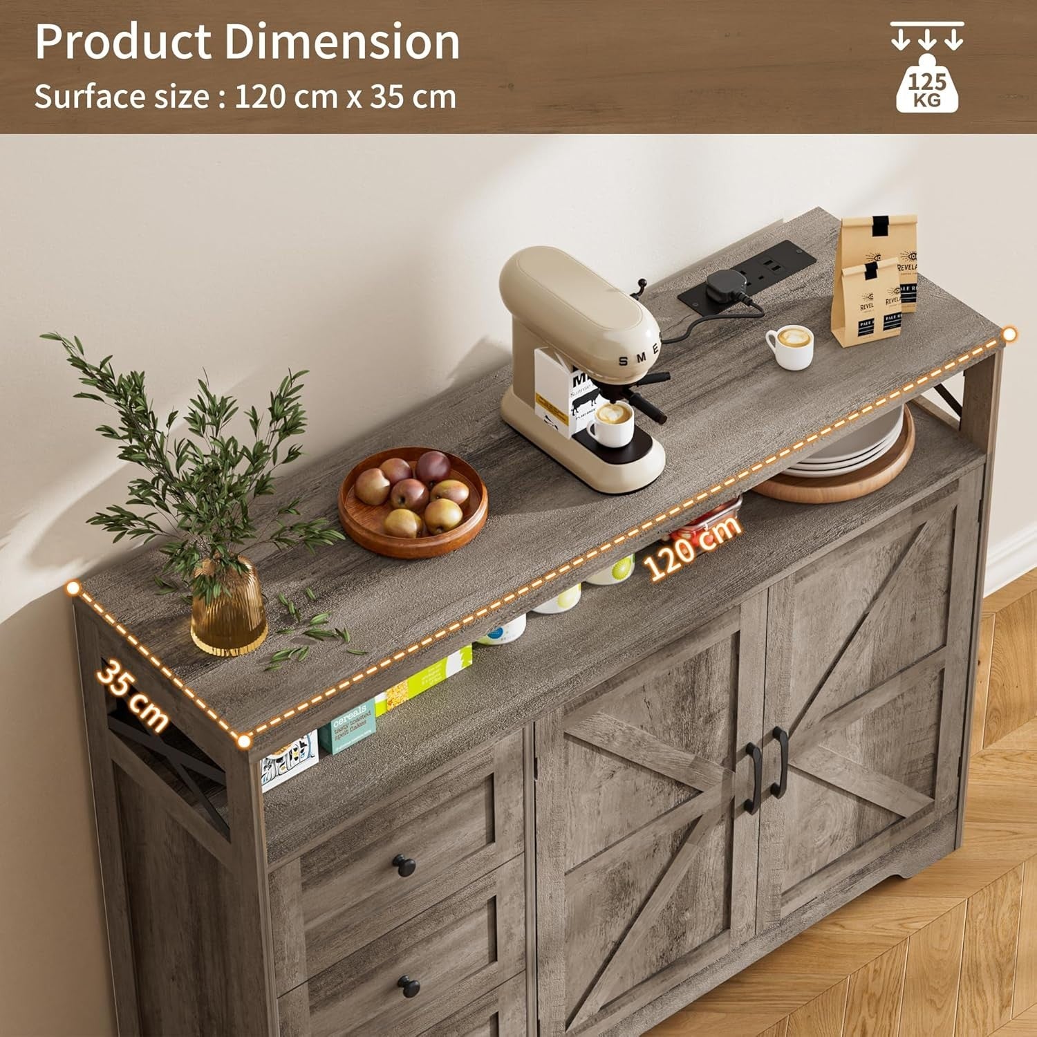 Grey Sideboard Cabinet 95cm Storage Unit Drawers Adjustable Shelf Charging Hub
