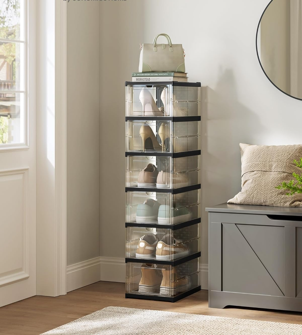 Pack of 6 Stackable Foldable Shoe Boxes Cabinet Transparent/Black 105x25x105 cm
