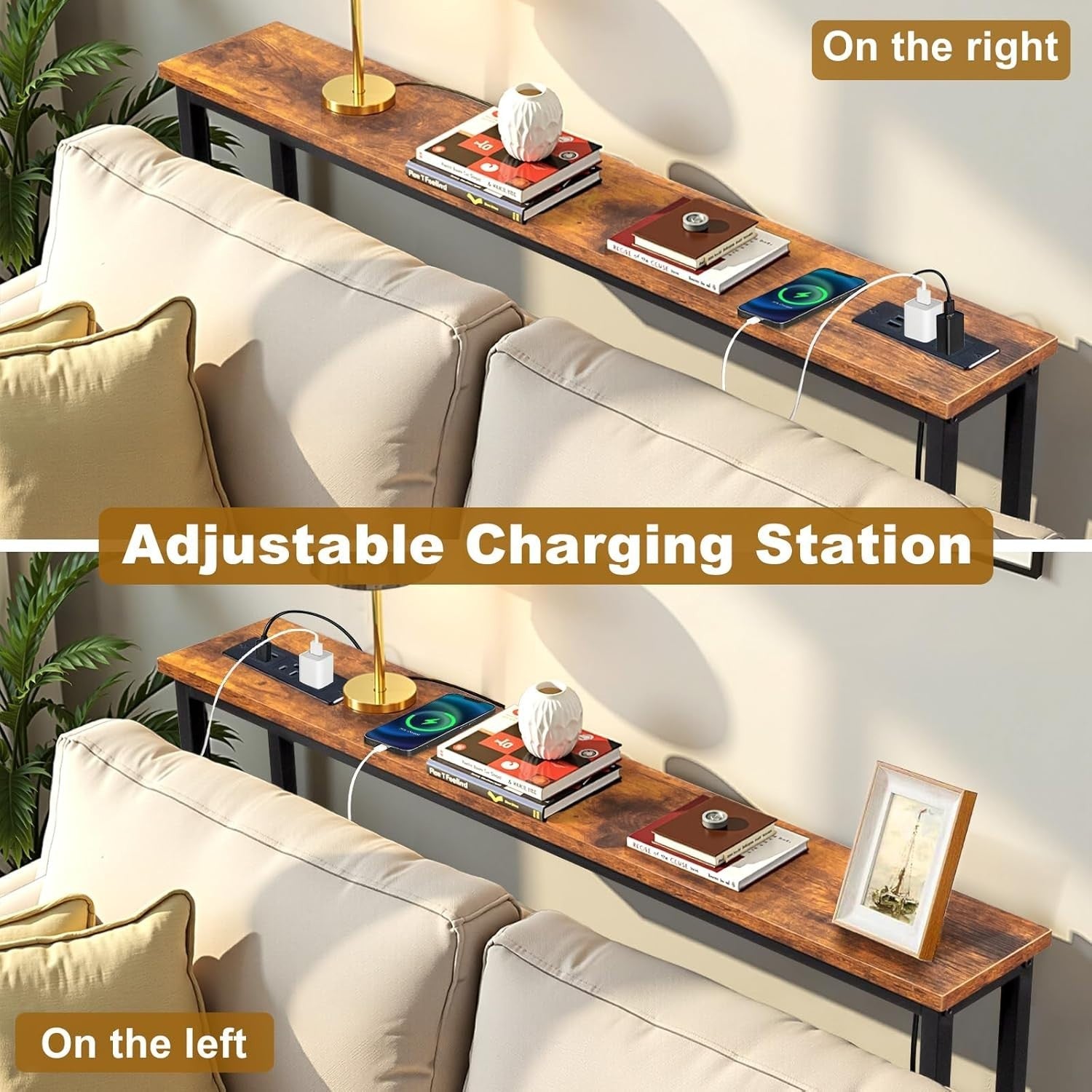 Slim Console Table with Power Outlets & USB, Space-Saving Hallway Desk, 15x100x7