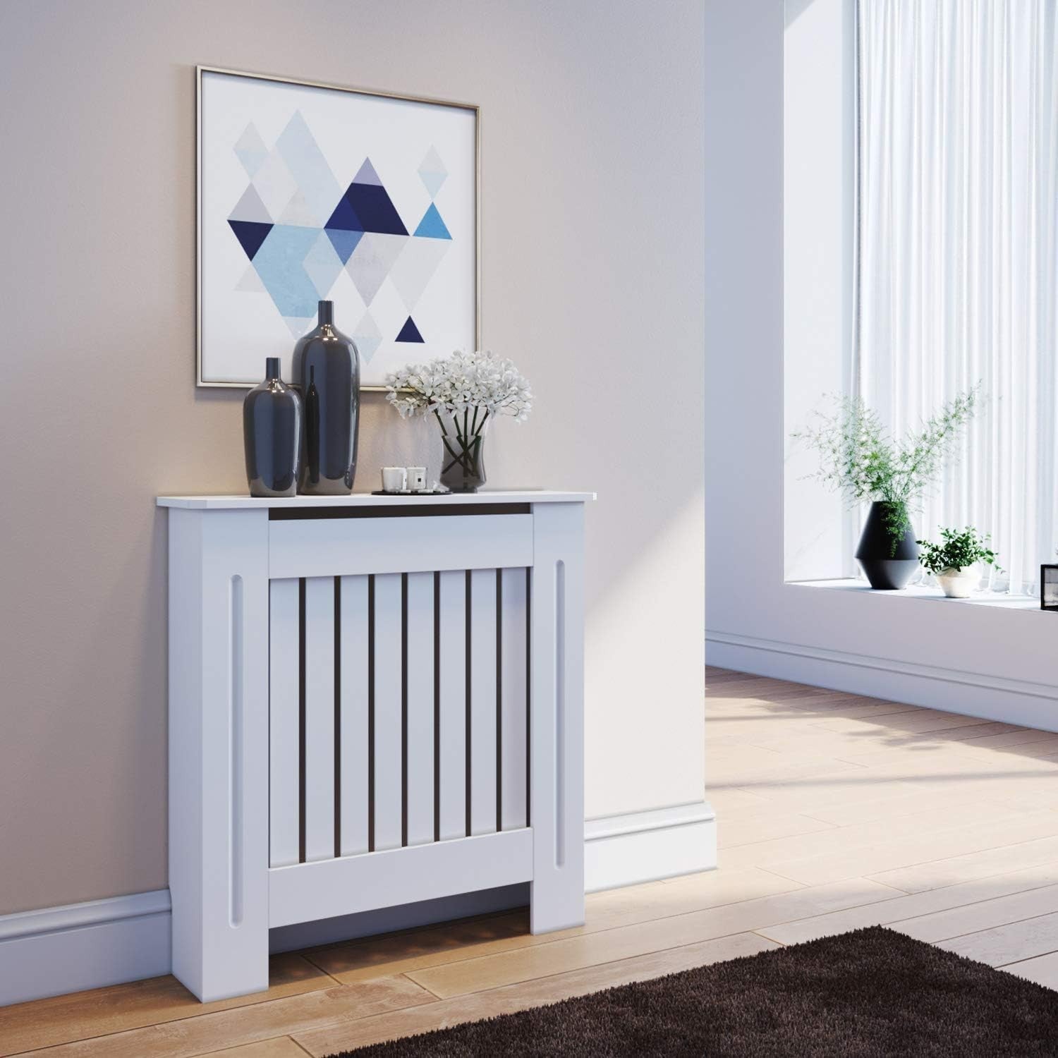 Small Modern Radiator Cover Cabinet White Slatted MDF Shelf