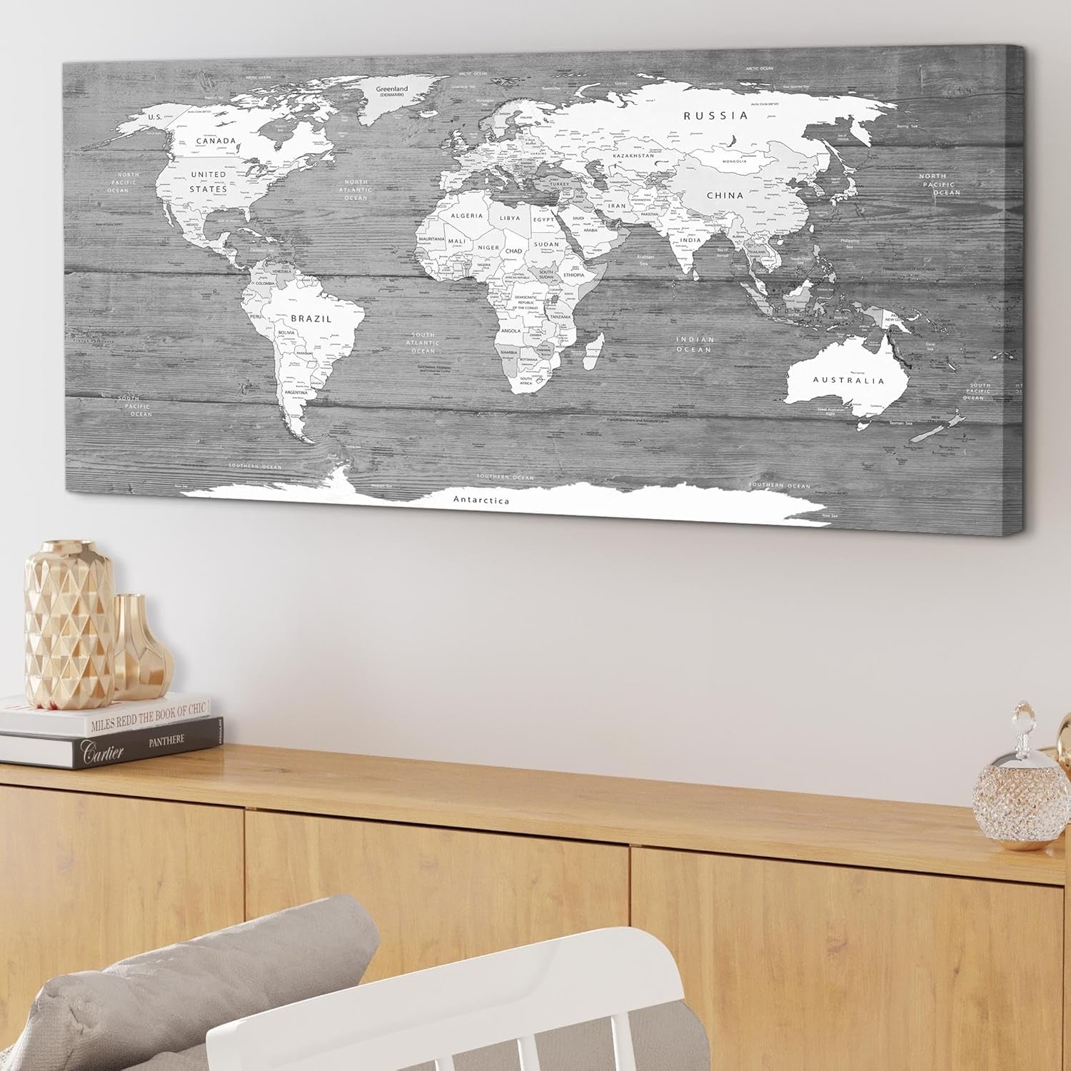 Grey White World Map Canvas Wall Art 118x49cm Modern Home Decor