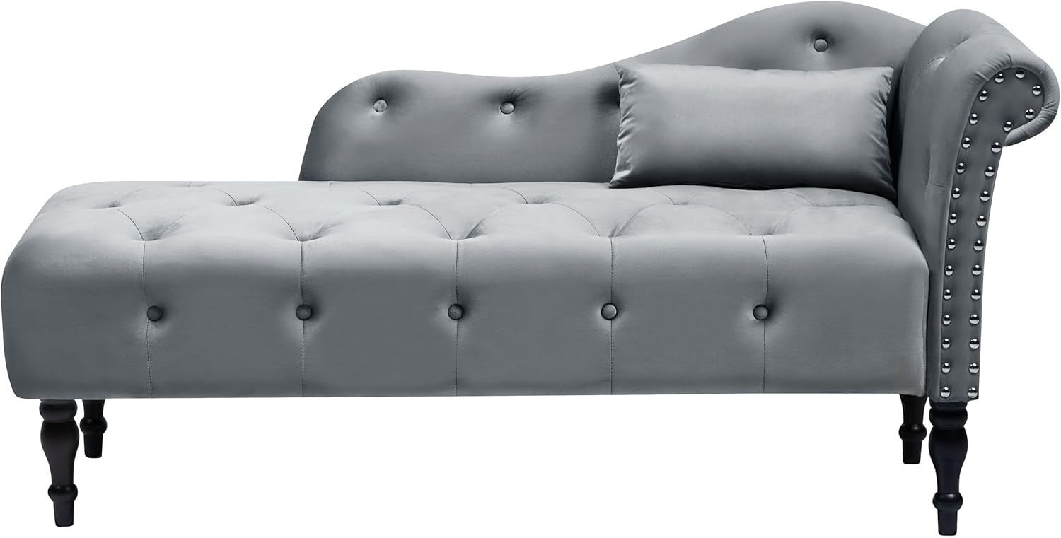 Retro Right Hand Velvet Chaise Lounge Grey Button Tufted Cushion