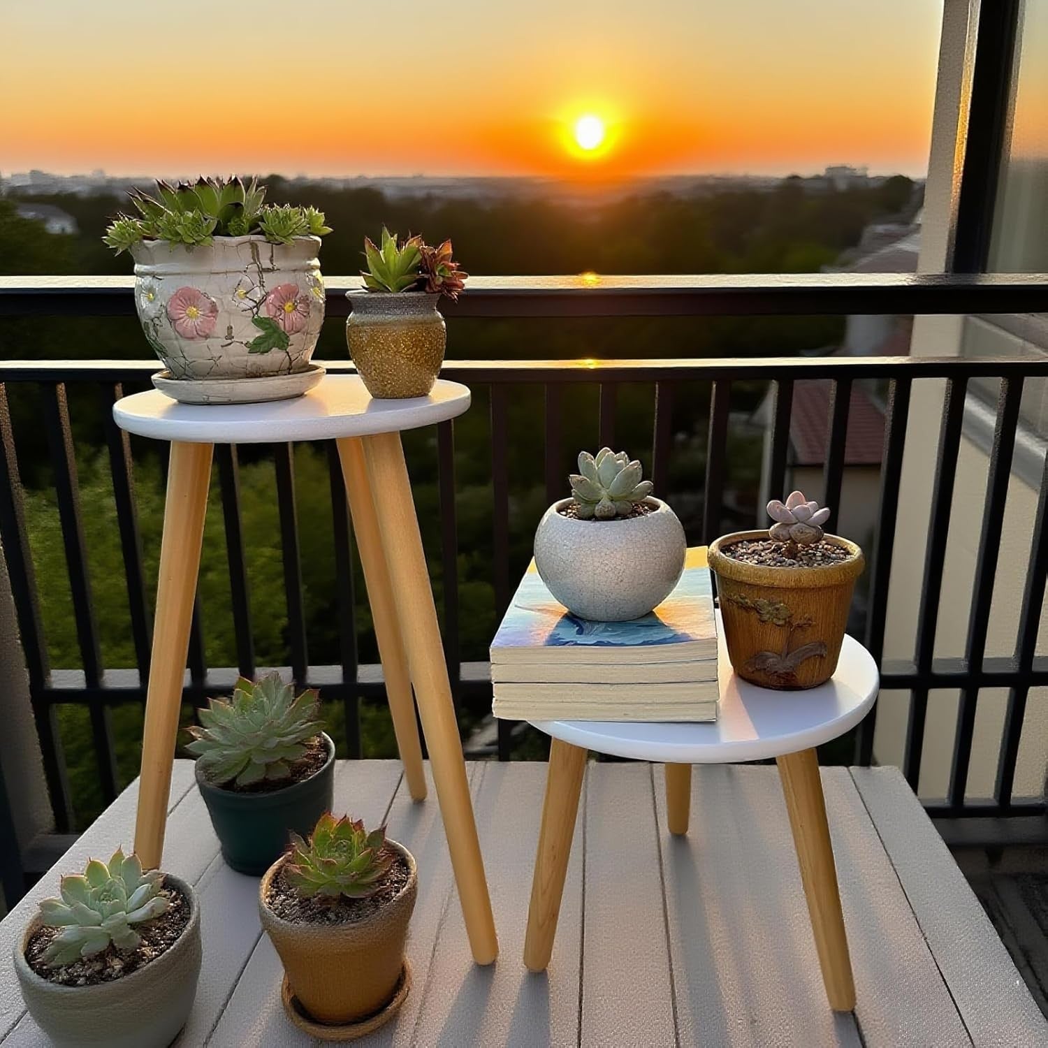 Wooden Plant Stands | White Round Flower Pot Tables for Modern Home Decor