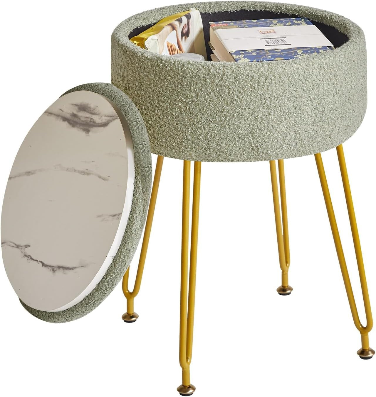 Light Green Teddy Velvet Storage Footrest Stool – Golden Leg Vanity Ottoman