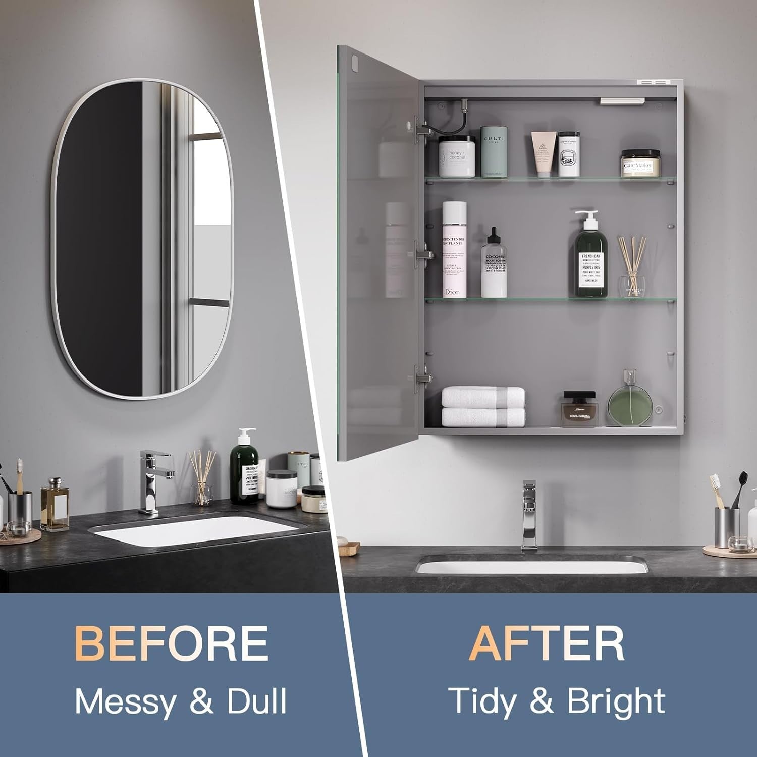 LED Bathroom Mirror Cabinet with Demister, Shaver Socket & Dimmable Light