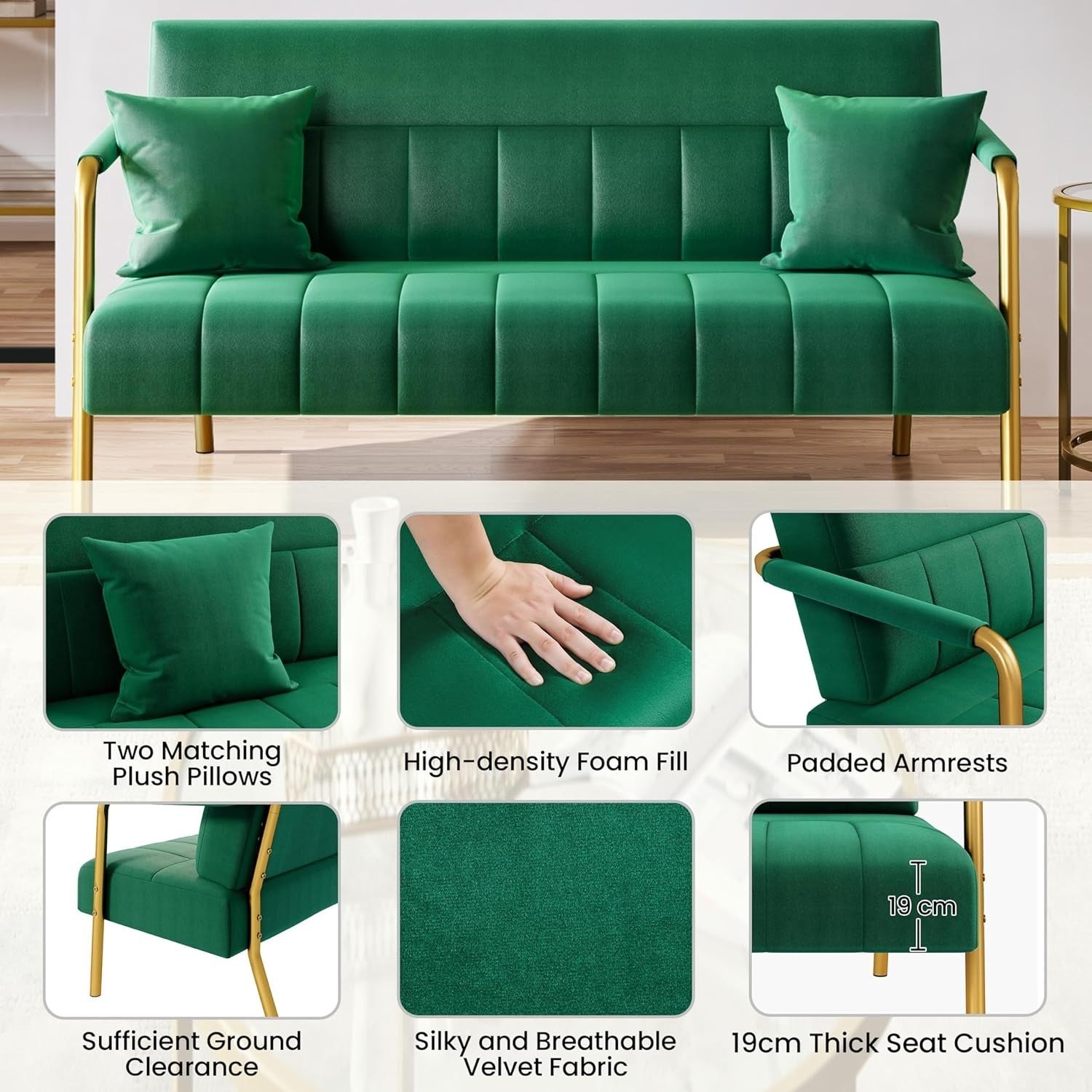 Green Velvet 2 Seater Sofa Gold Legs Modern Loveseat for Small Rooms Studio