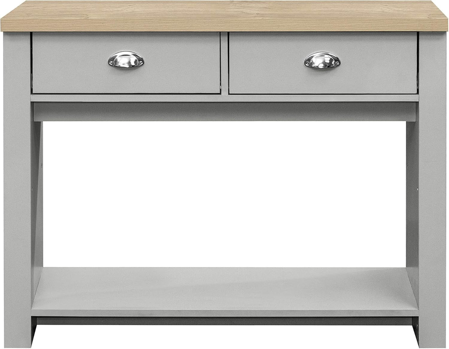 Grey 2 Drawer Console Table Oak Top - Farmhouse Style Storage Shelf