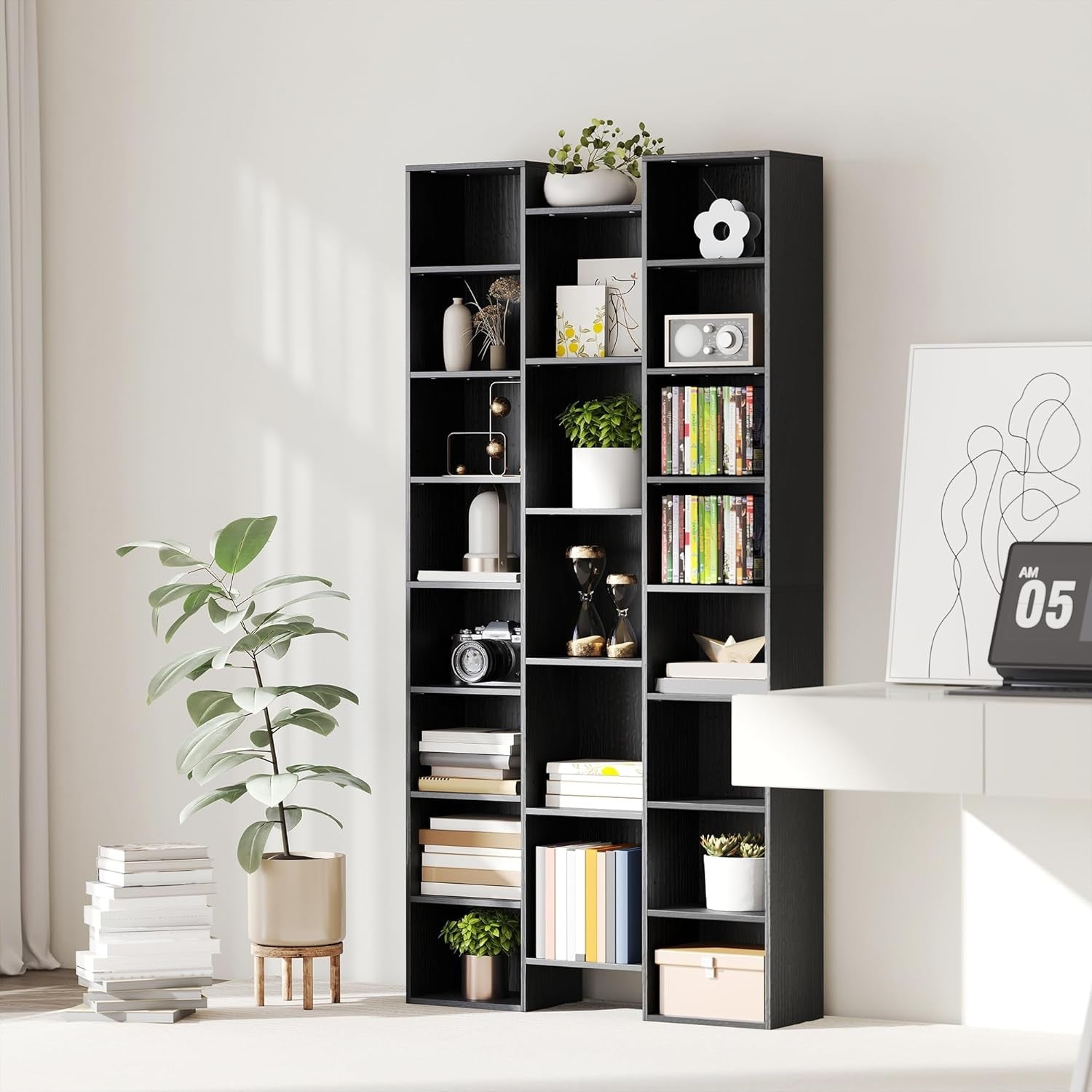 Tall 21-Cube Bookcase Black Adjustable Shelves Modern Storage Unit for Home Offi