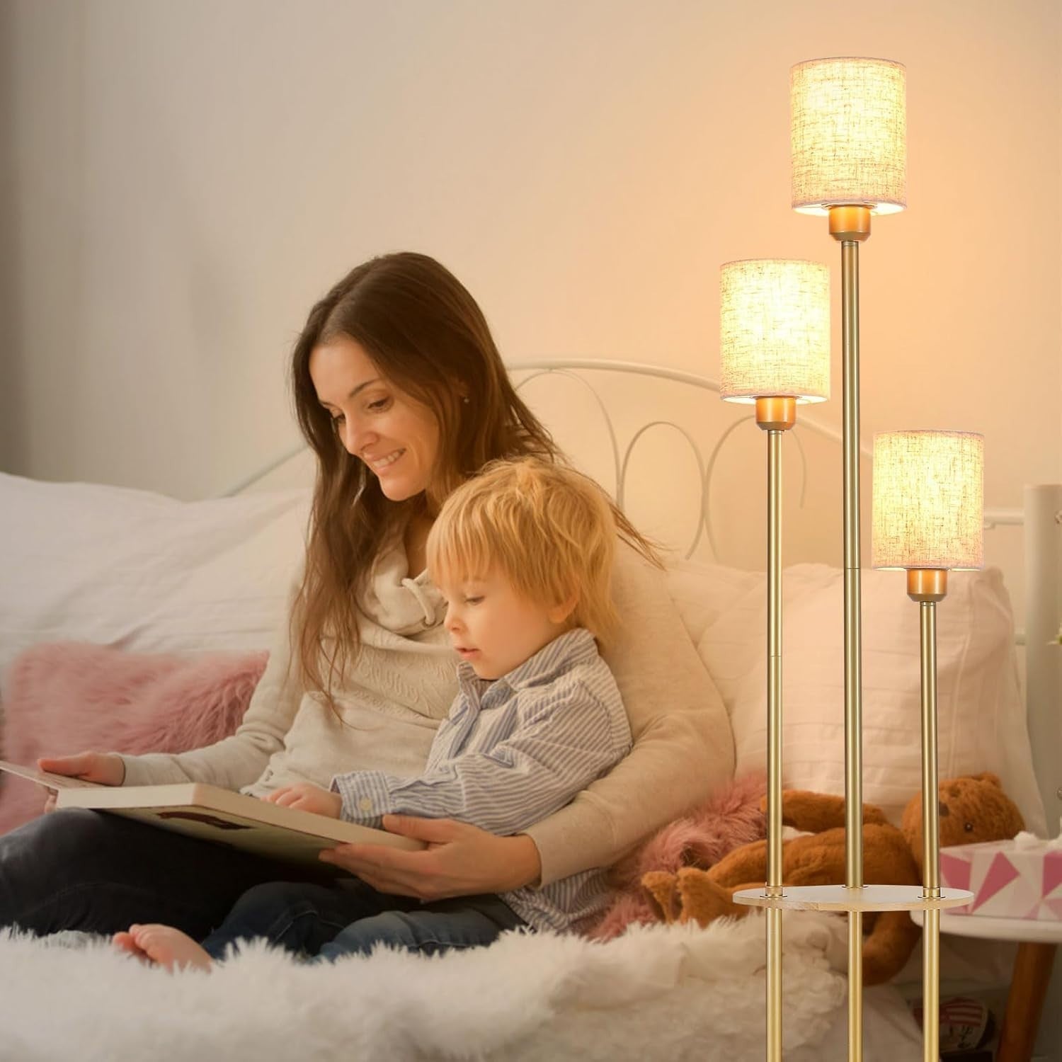Modern 3-Light LED Floor Lamp with Shelves, Fabric Shade & Foot Switch