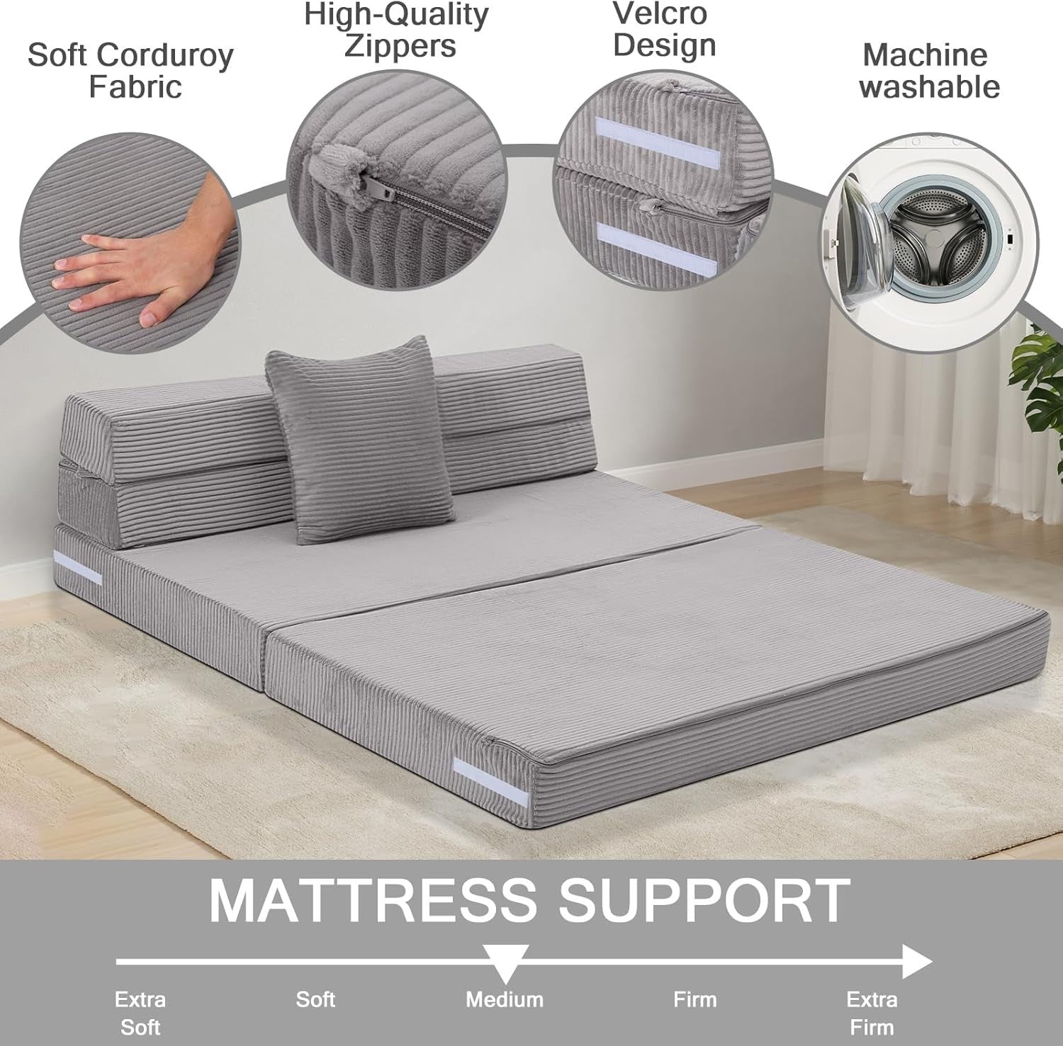 Fold Out Sofa Bed Double Futon Mattress Guest Chair Foam Grey 190x135cm