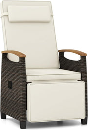 White Rattan Recliner Chair Adjustable Sun Lounger with Footrest & Side Table