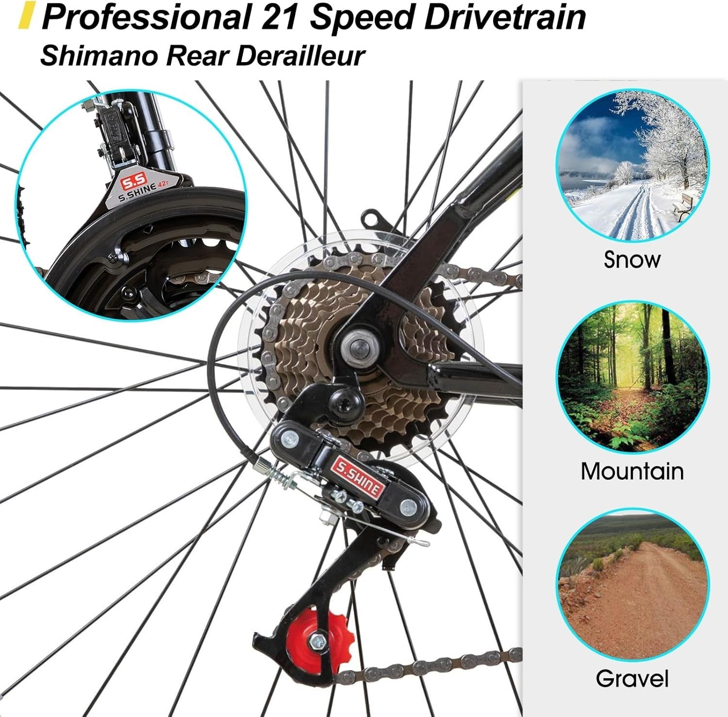 26" Mens Womens MTB Bike 21-Speed Carbon Steel Frame Off-Road Bicycle