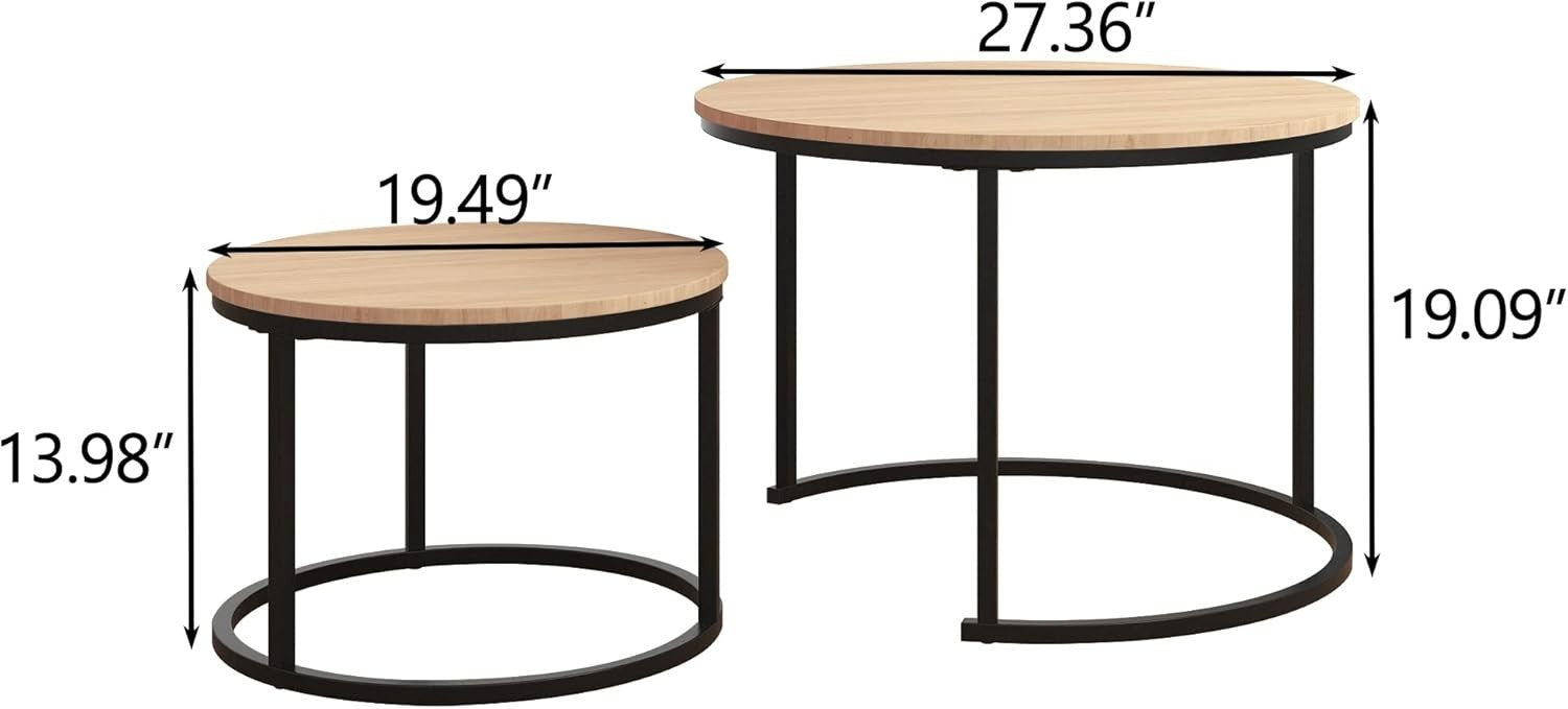 Round Nesting Coffee Table Set of 2, Black & Oak Metal Frame 70/50cm