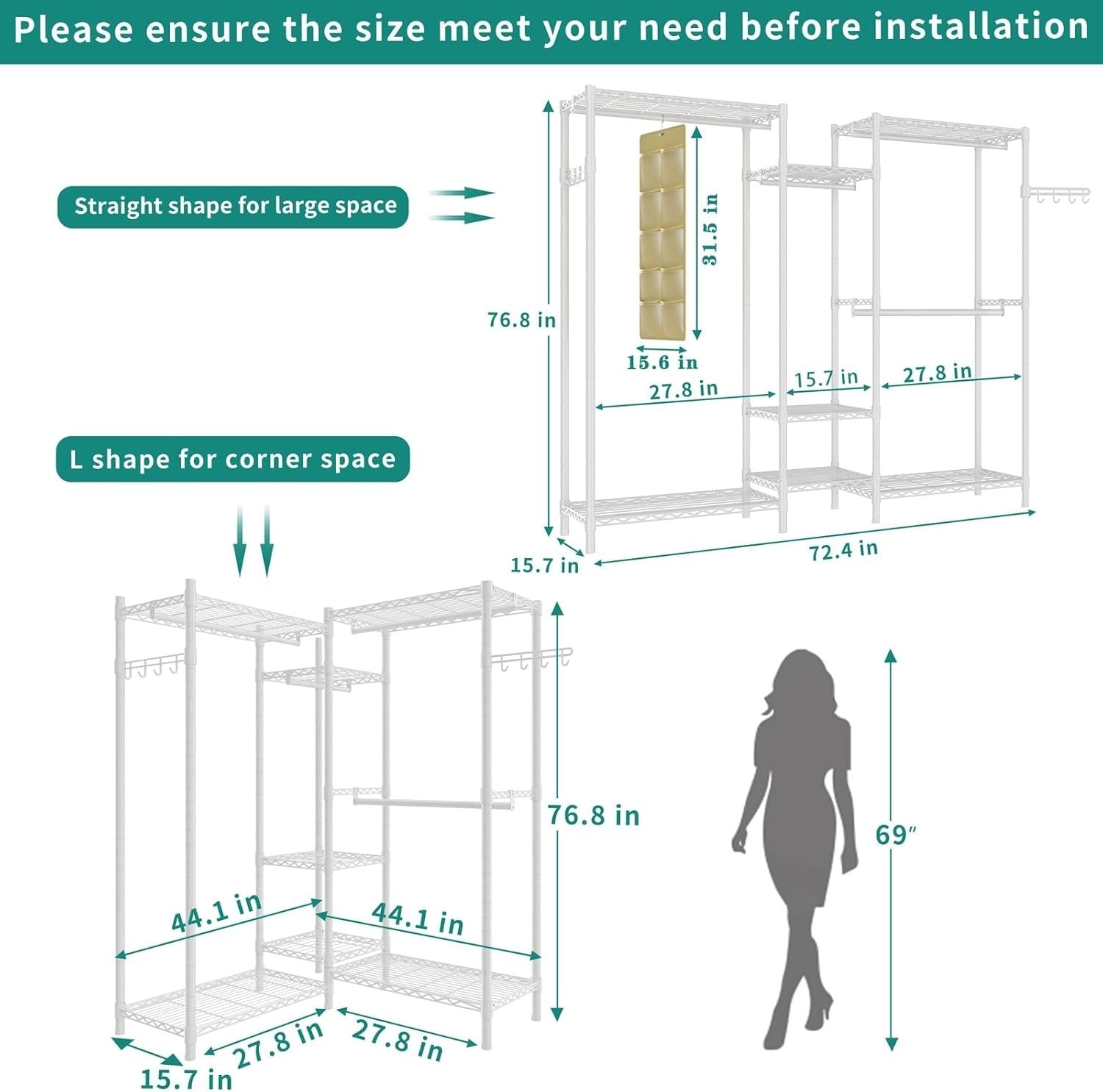 Heavy Duty Clothes Rail 7 Tier Adjustable Shelves 4 Rods White