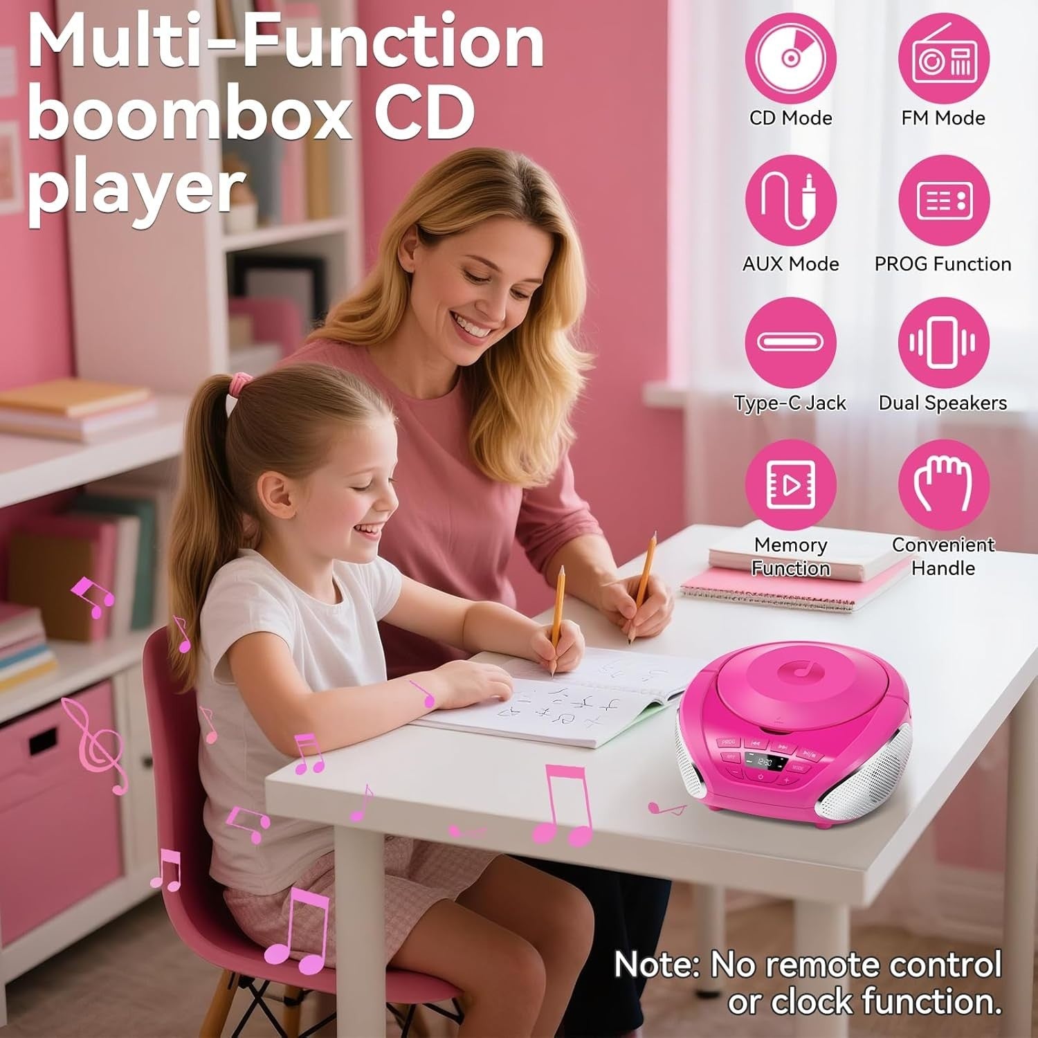 Portable CD Player Boombox Speakers FM Radio AUX Headphone Jack Pink
