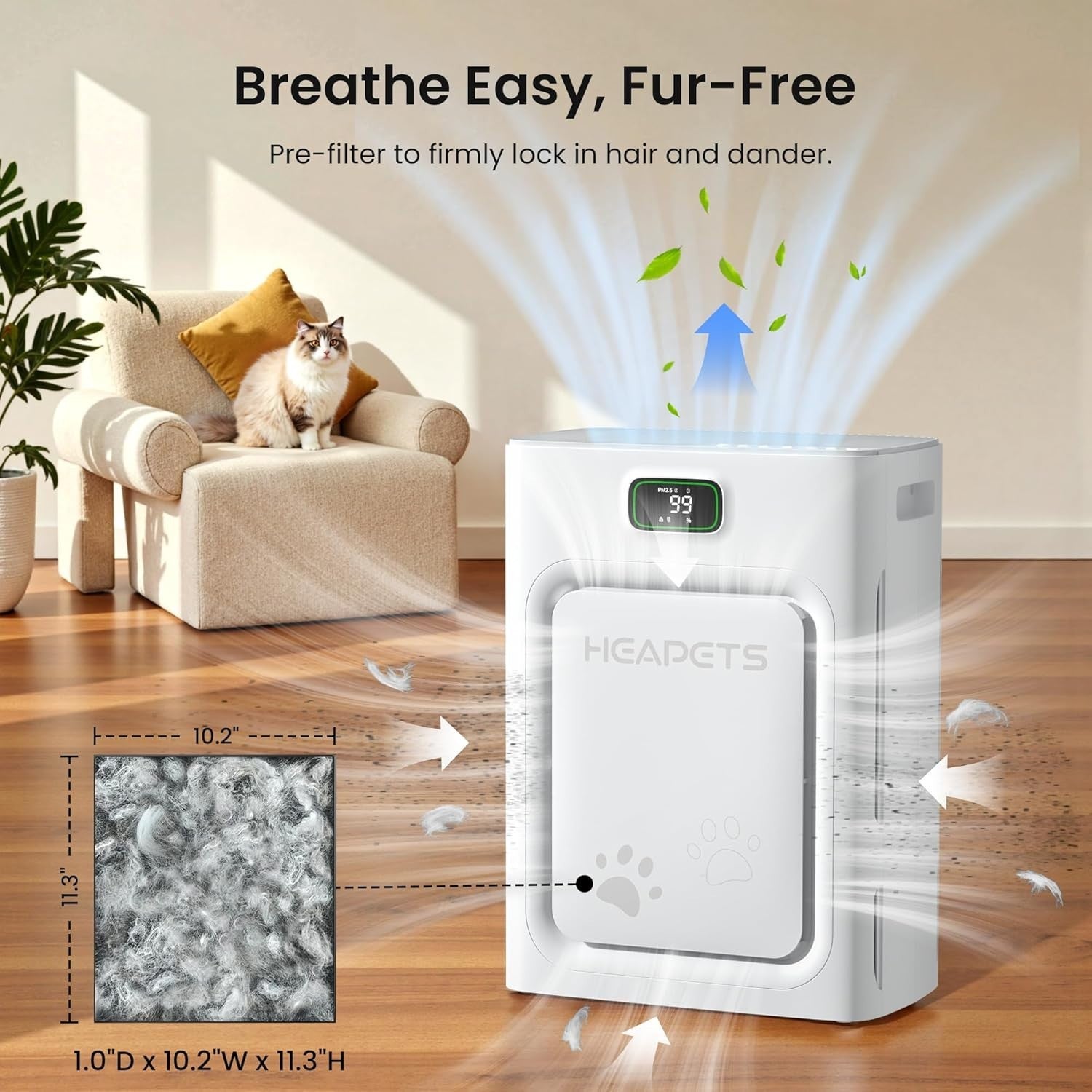 Pet Air Purifier Large Room 2500ft² HEPA Hair Odor PM2.5 Auto