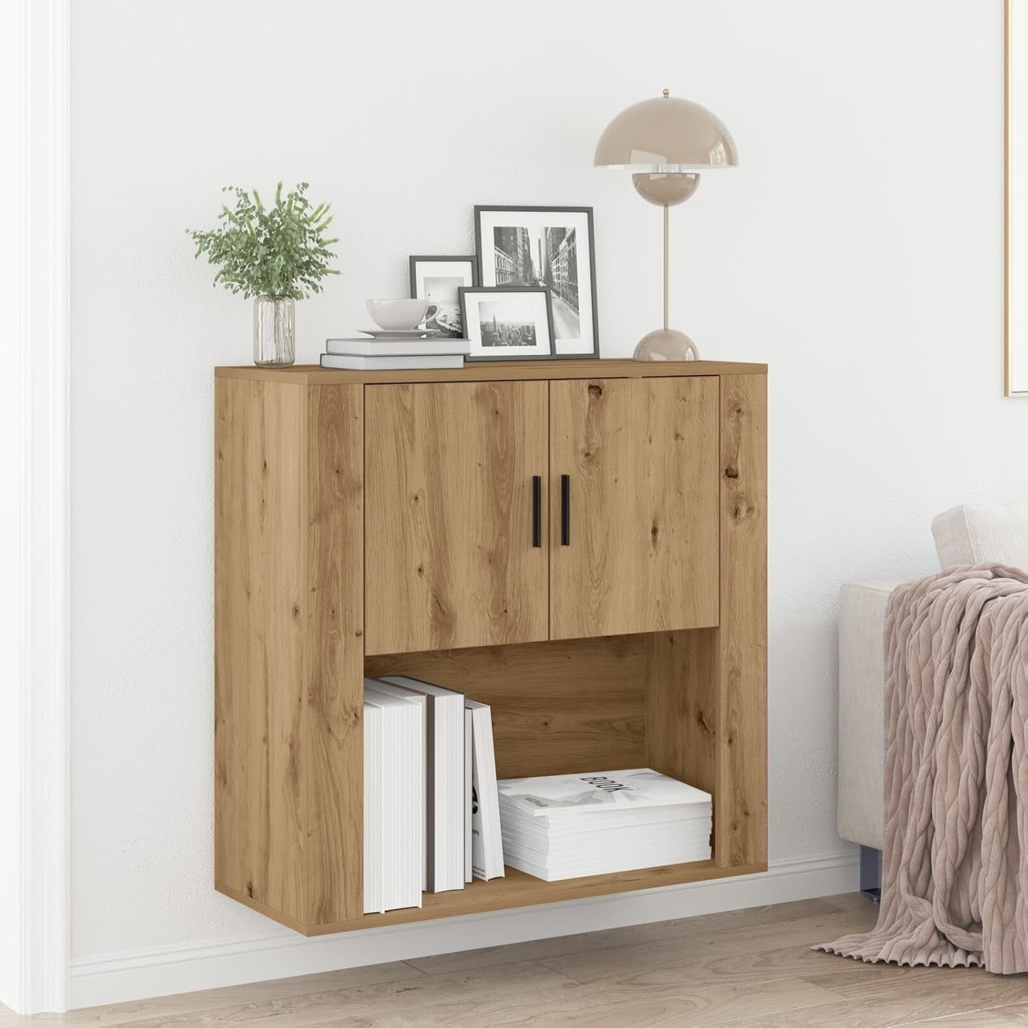 Medium Oak Storage Cabinet with Dual Doors & Spacious Shelf - Easy Assemble