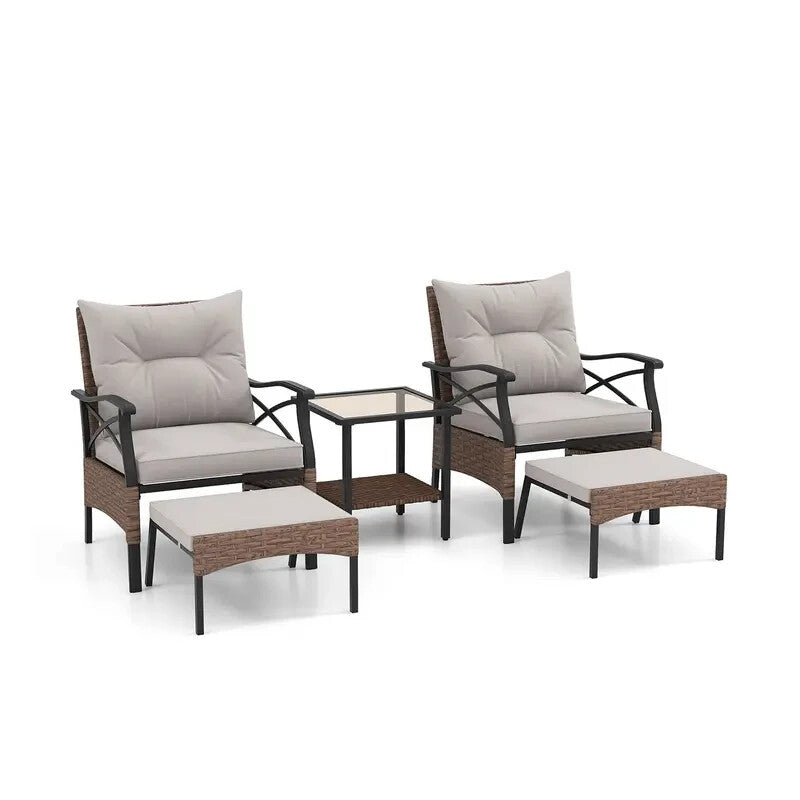 5PC Rattan Patio Furniture Set Chairs Ottomans Table Cushions Garden