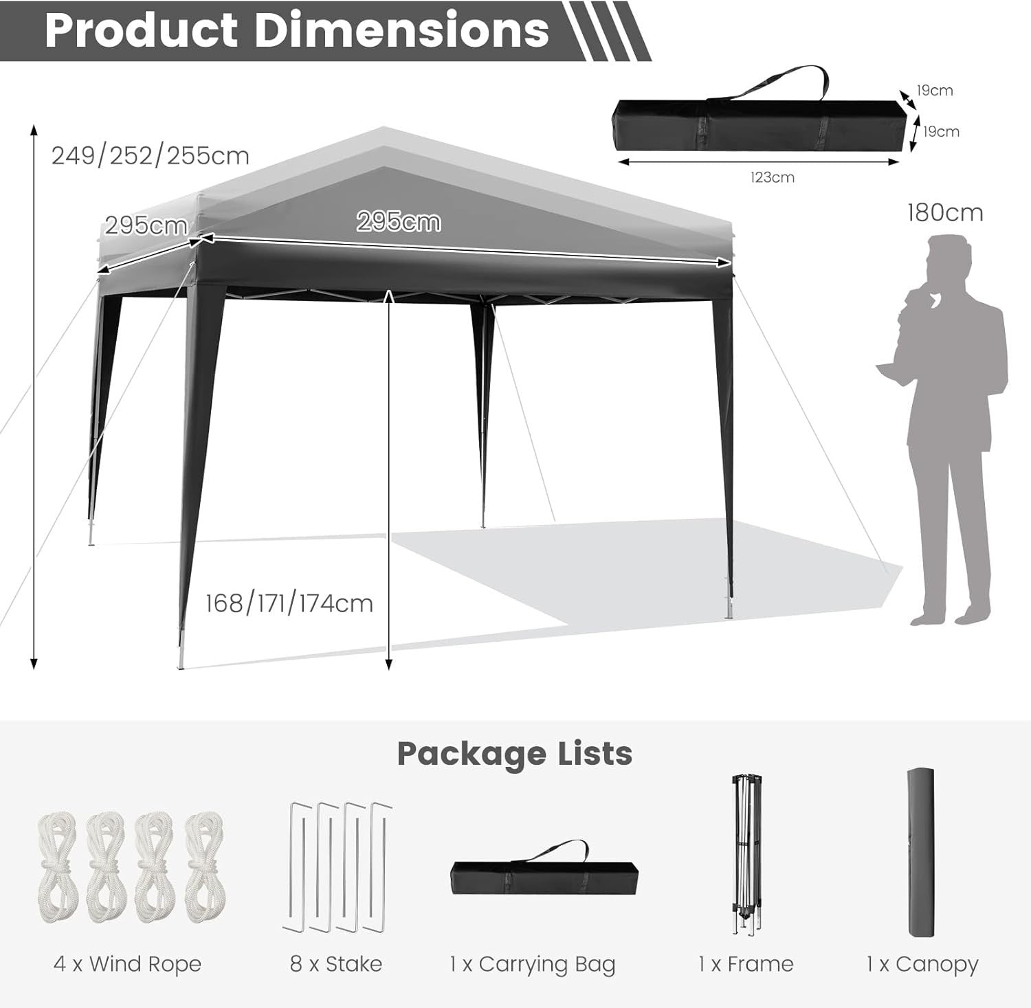 3x3m Pop Up Gazebo Adjustable Waterproof Outdoor Canopy w/ Roller Bag Grey