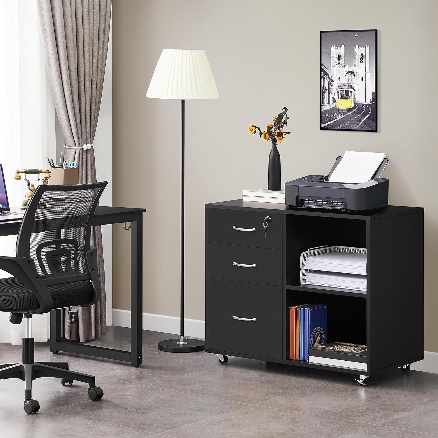 Black Mobile Filing Cabinet with 3 Drawers and Shelves Office Storage Unit