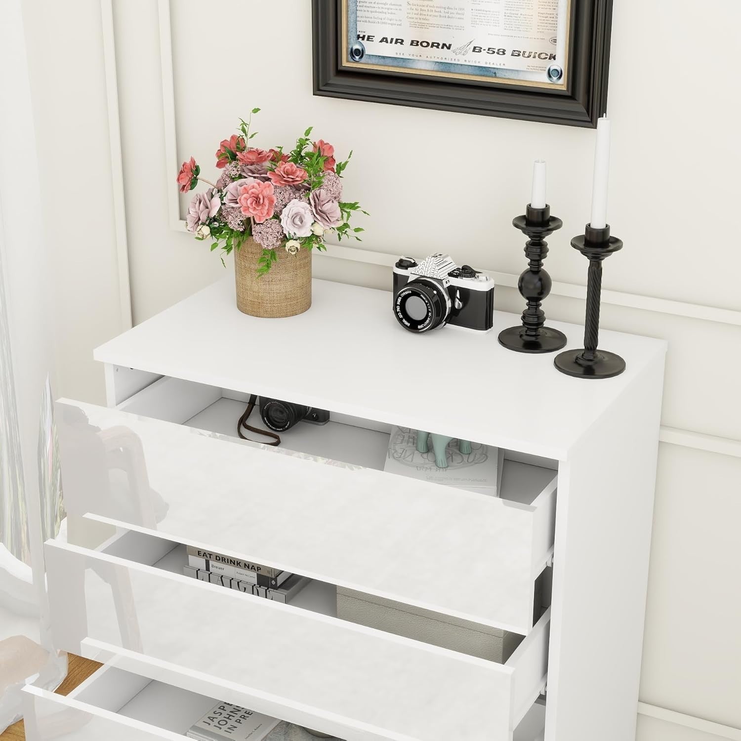 High-Gloss 4-Drawer Wooden Chest | Sleek Storage Organizer for Bedroom & Living