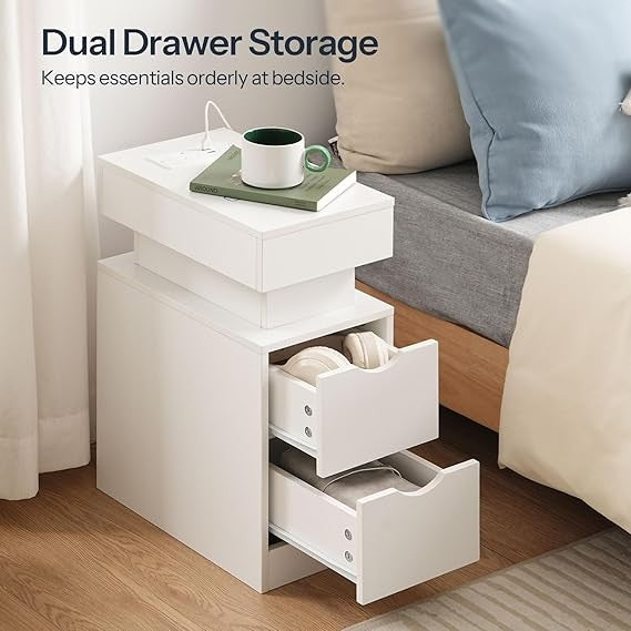 Slim LED Bedside Table  Charging Station, 2 Drawers, Modern White Nightstand