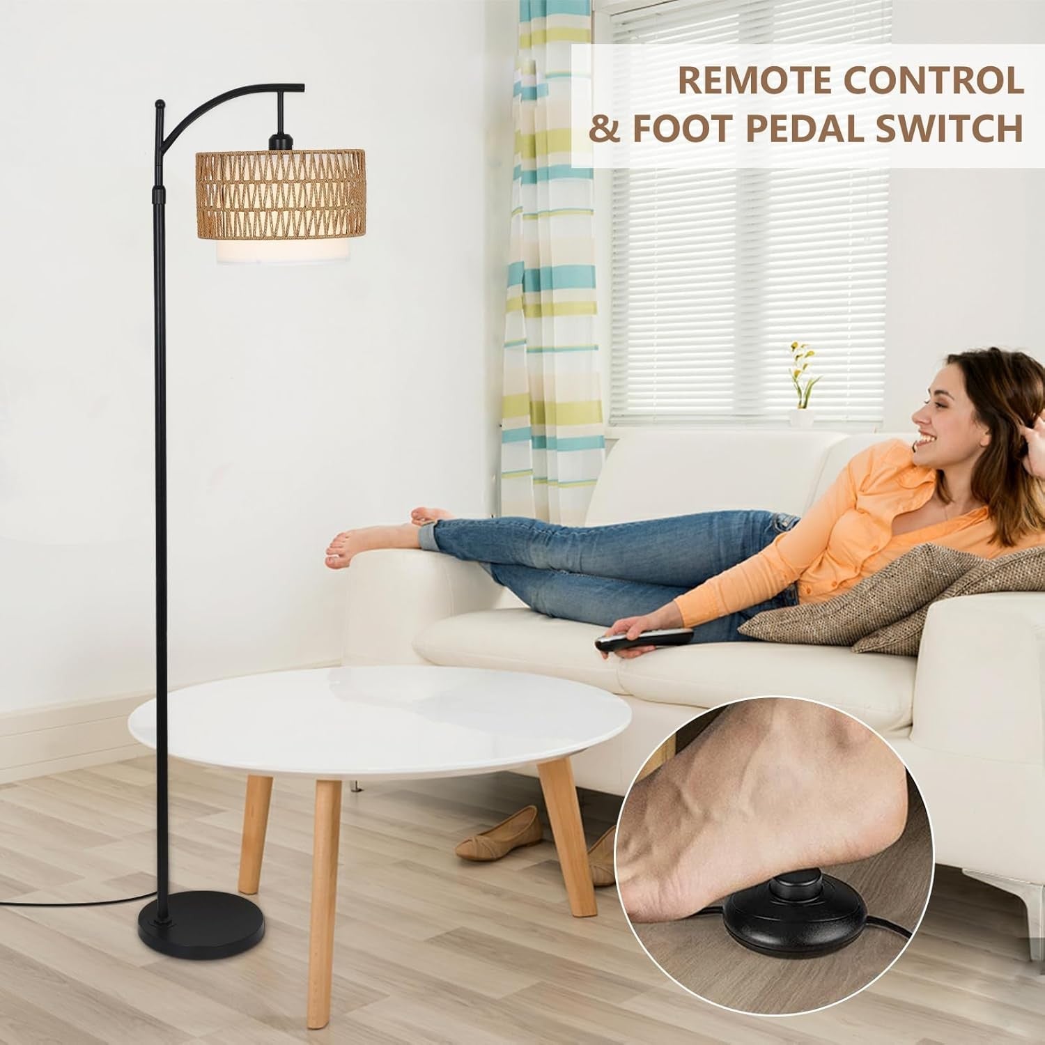 Arc Floor Lamp Remote Control Dimmable Boho Rattan Linen Shade Reading Light