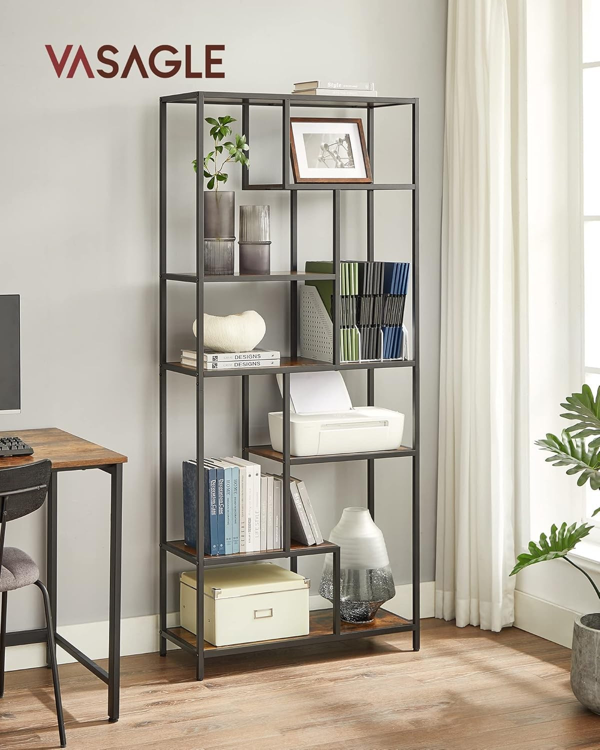 6-Tier Rustic Display Shelf | Industrial Geometric Bookshelf for Home Office