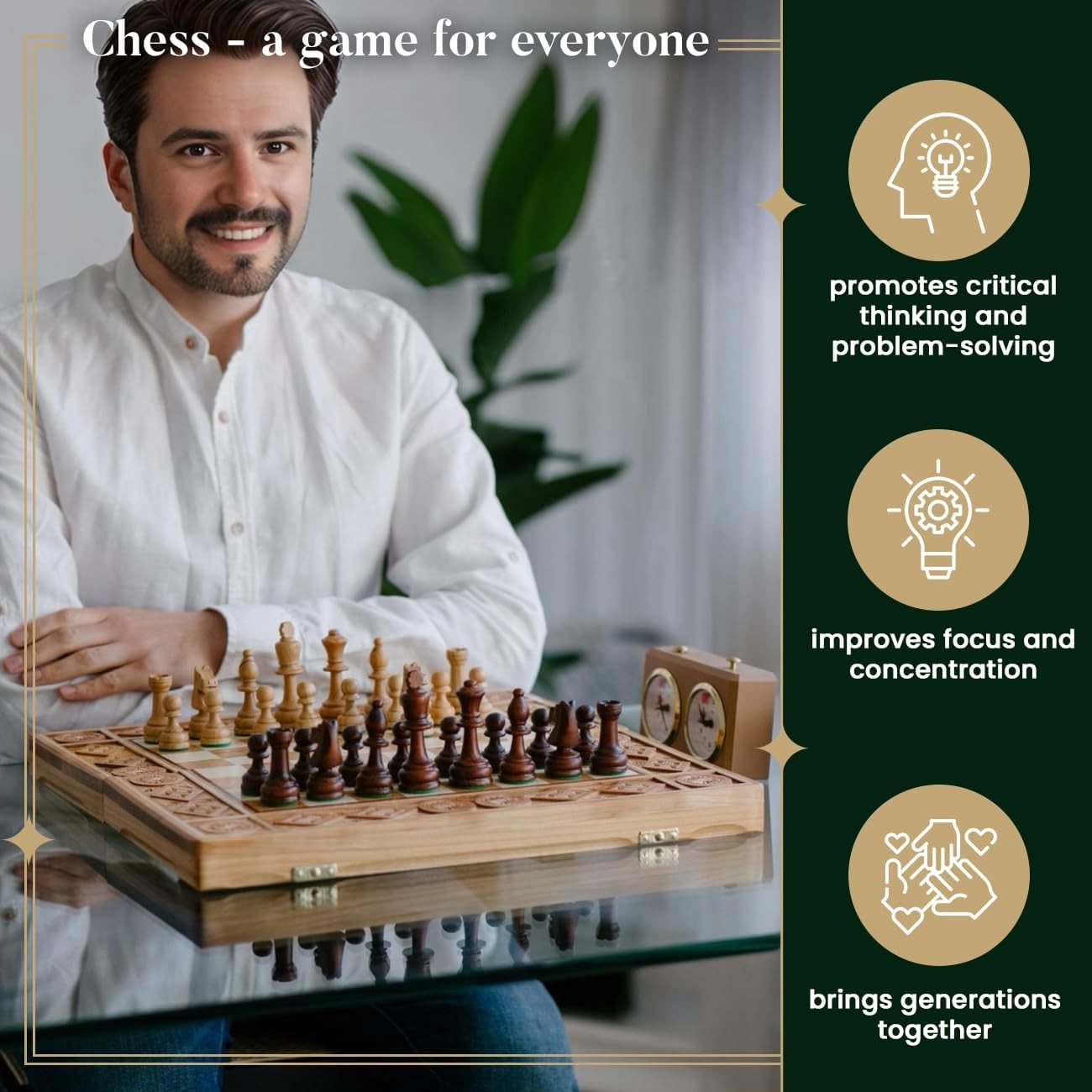 42cm Handcrafted Wooden Chess Set RUBY | Sculpted Pieces | Luxury Foldable Board