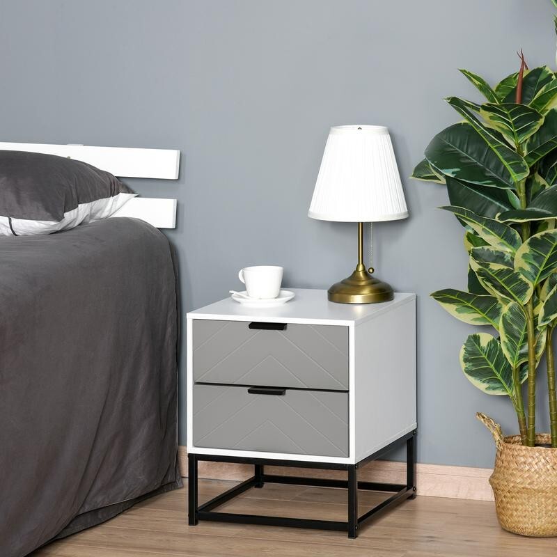 Modern Grey Bedside Table with 2 Drawers, Steel Base, Unique Chevron Style