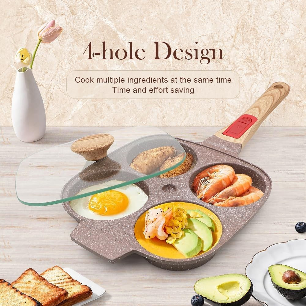 4-Cup Non-Stick Egg Pan with Lid Ceramic Pancake Skillet Detachable Handle Brown