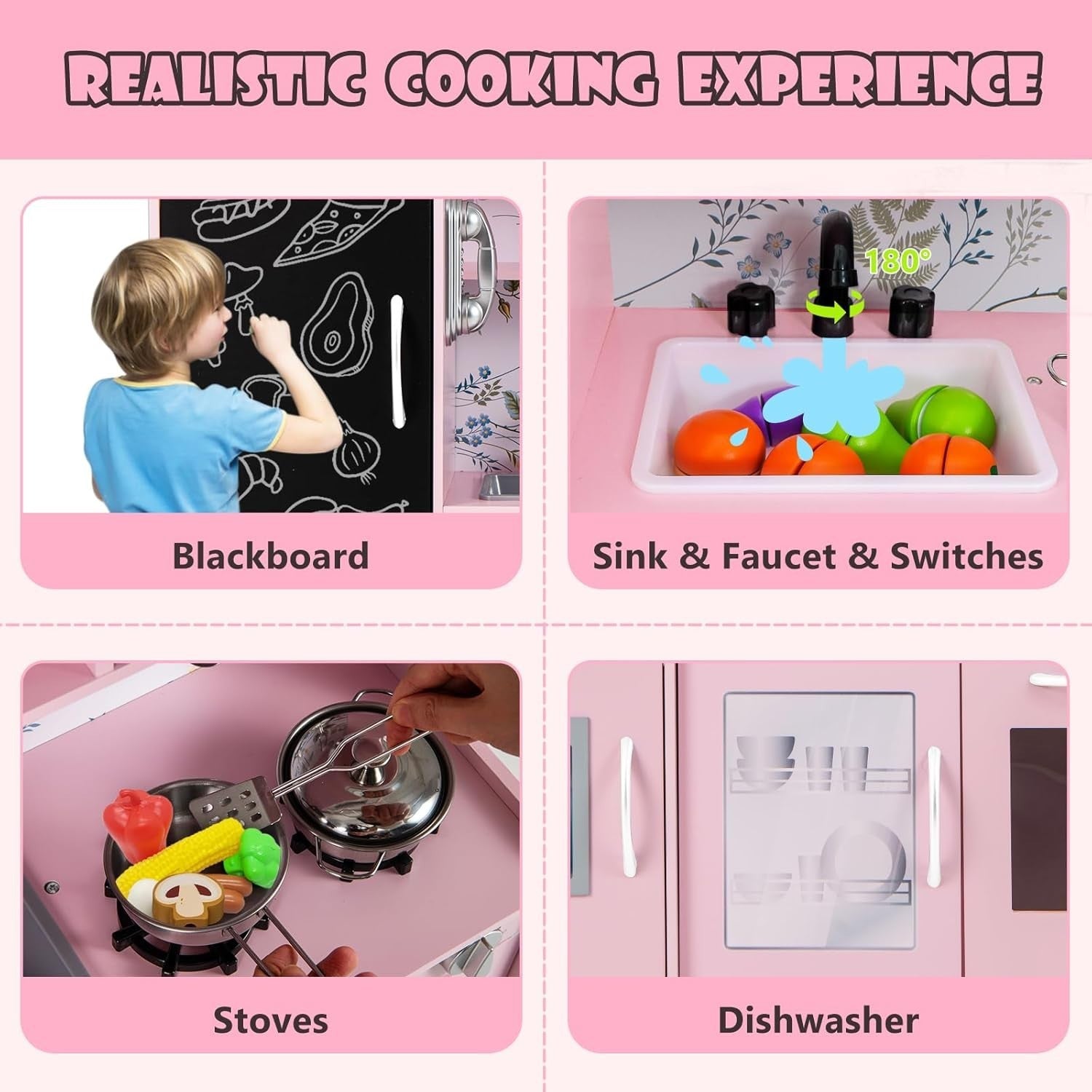 Kids Wooden Play Kitchen Blackboard Microwave Ice Maker Pink Toy