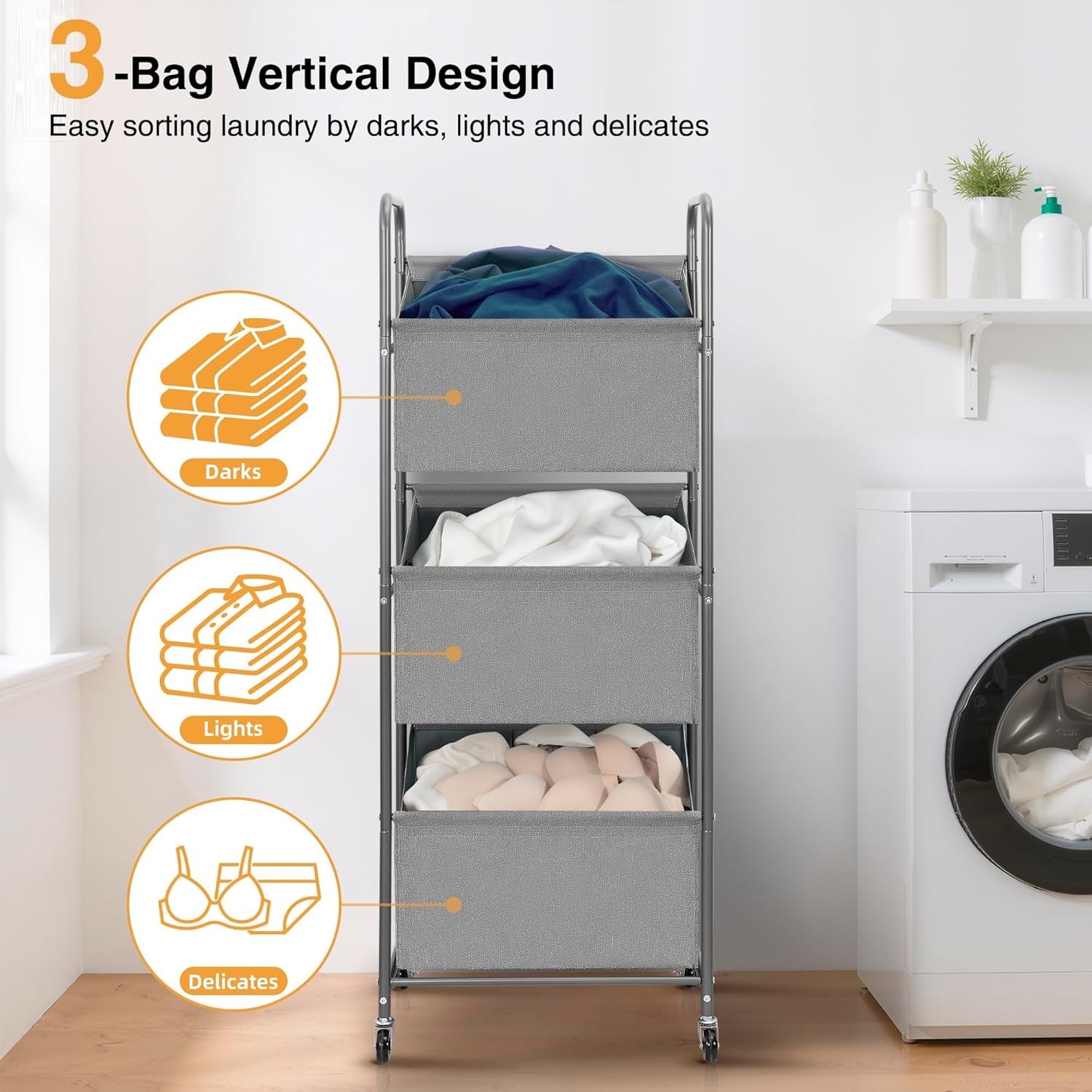 3-Tier Rolling Laundry Sorter with Removable Bags, 120L Vertical Hamper Grey