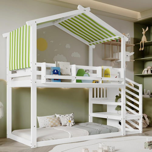 Kids Bunk Bed 3ft Single 90x190cm w/ Staircase Guardrail Bookshelf White Green