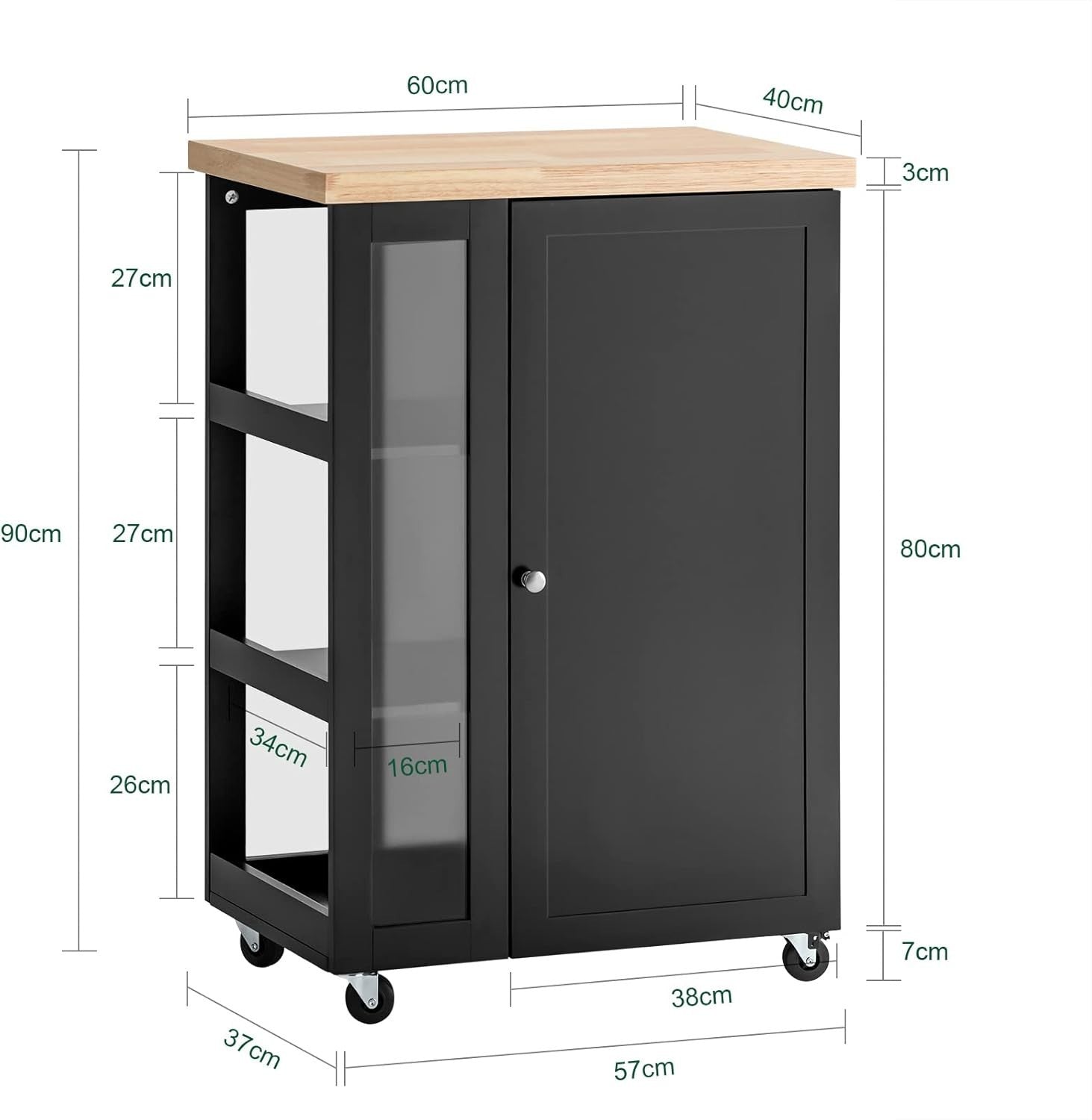Black Compact Kitchen Island on Wheels with Cupboard, Side Rack & Worktop