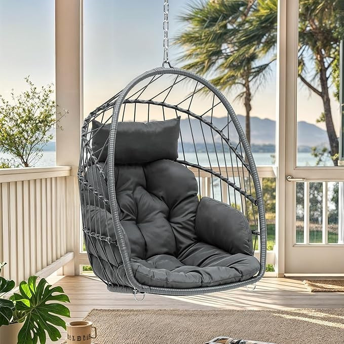 Hanging Egg Chair with Cushions Indoor Outdoor Rattan Seat 105x74x72cm