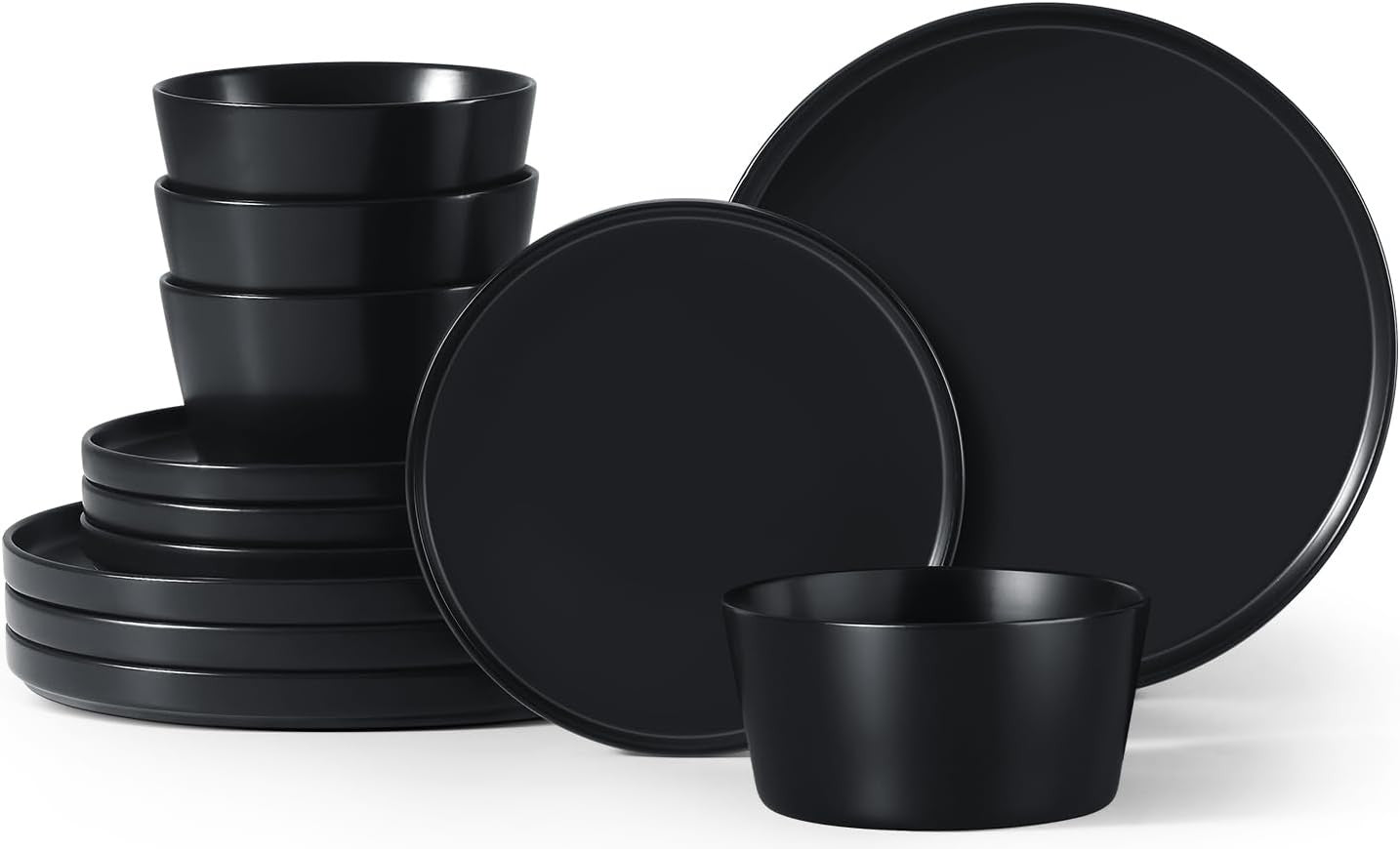 12pc Matte Black Stoneware Dinner Set Plates Bowls Dishwasher Safe
