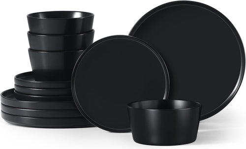 12pc Matte Black Stoneware Dinner Set Plates Bowls Dishwasher Safe