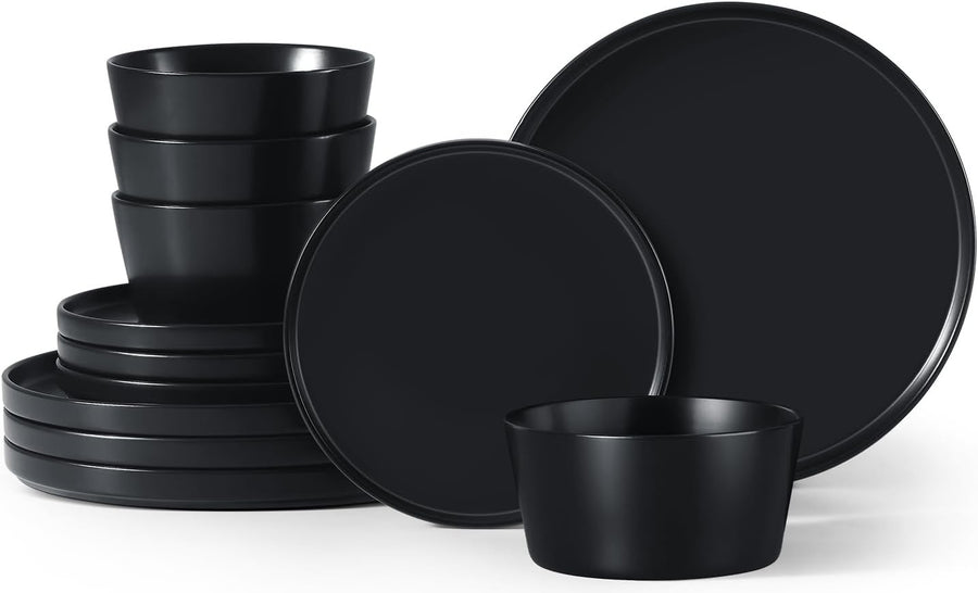 12pc Matte Black Stoneware Dinner Set Plates Bowls Dishwasher Safe