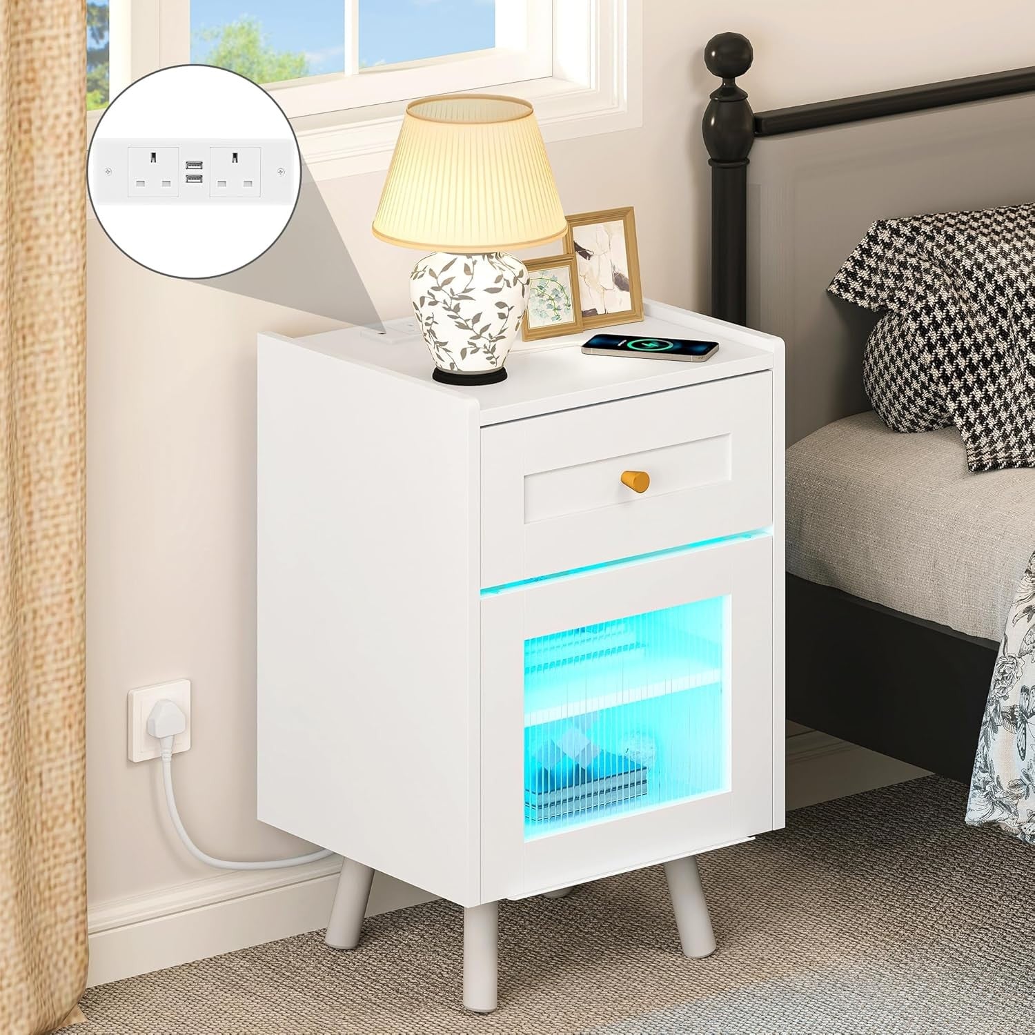 White LED Bedside Table | Nightstand with Drawer & Adjustable Shelf 40×62cm
