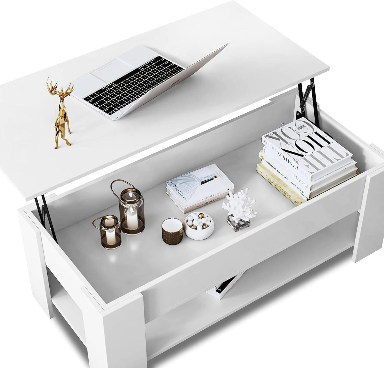 Lift Top Coffee Table White with Storage, Large Hidden Compartment 100x50cm